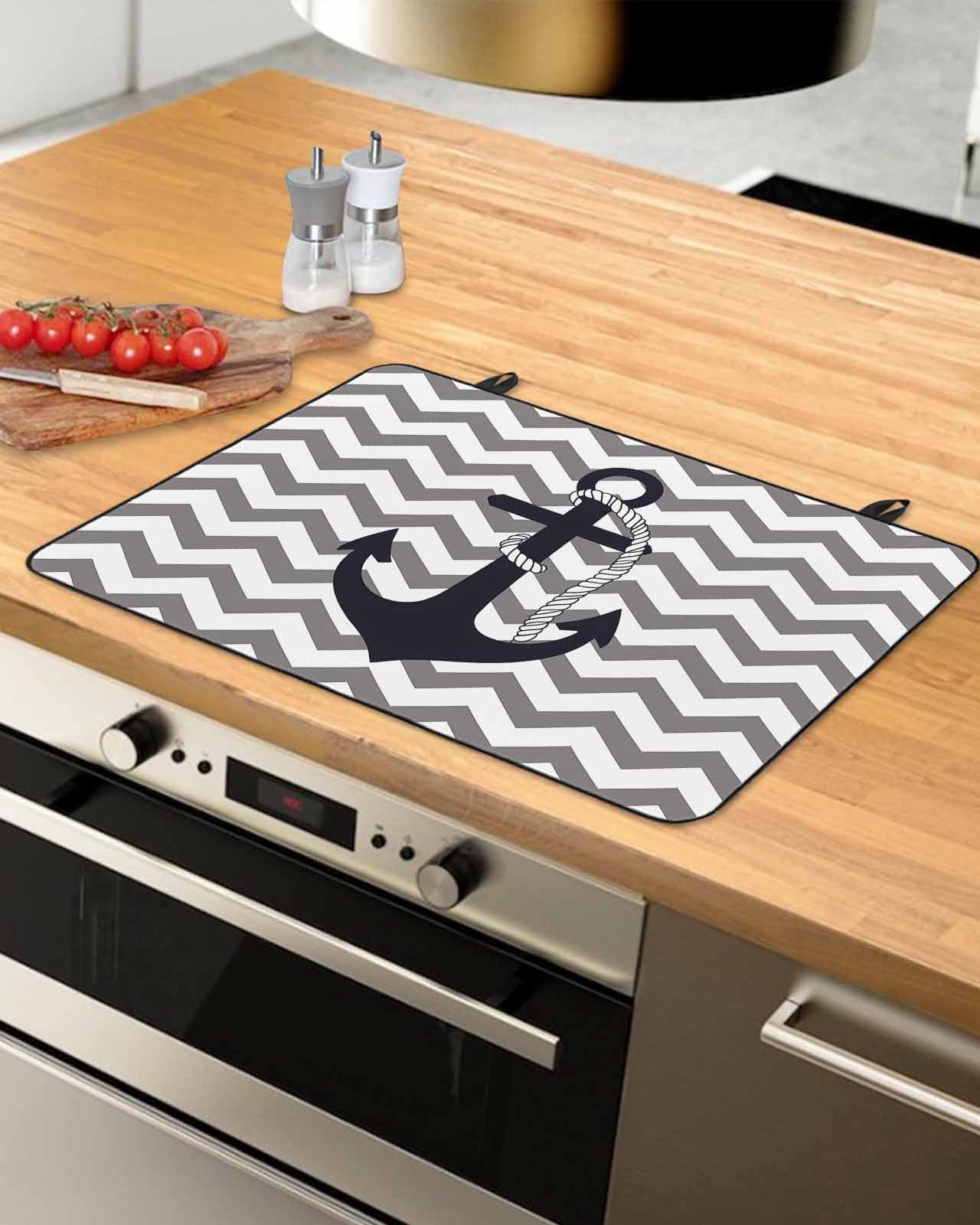 nqOlkjepod Large Induction Cooktop Protector Mat 24"x21", Grey Zigzag Stove Top Covers for Electric Stove, Coastal Nautical Anchor Stripes Decorative Stove Burner Cover Mats, Glass Top Stove Cover