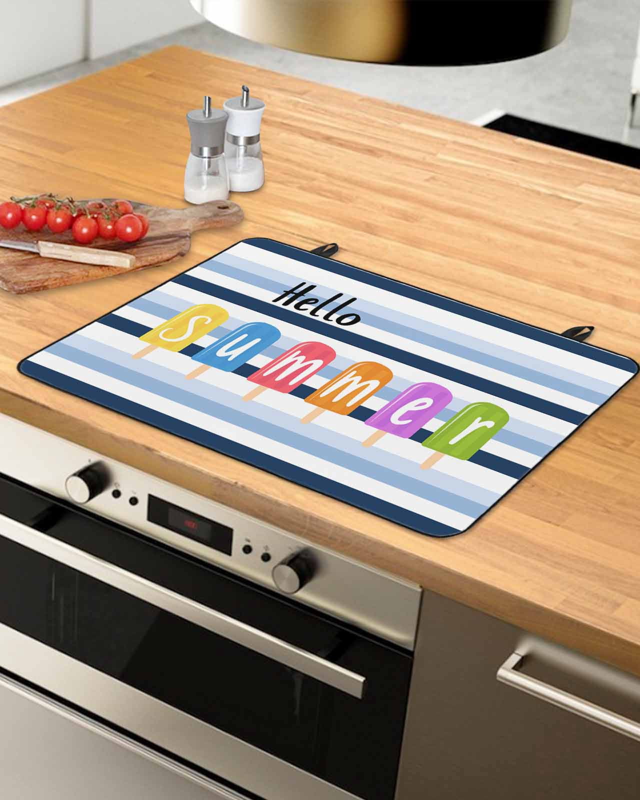 nqOlkjepod Large Induction Cooktop Protector Mat 24"x21", Hello Summer Stove Top Covers for Electric Stove, Watercolor Blue Striped Colorful Ice Cream Stove Burner Cover Mats, Glass Top Stove Cover