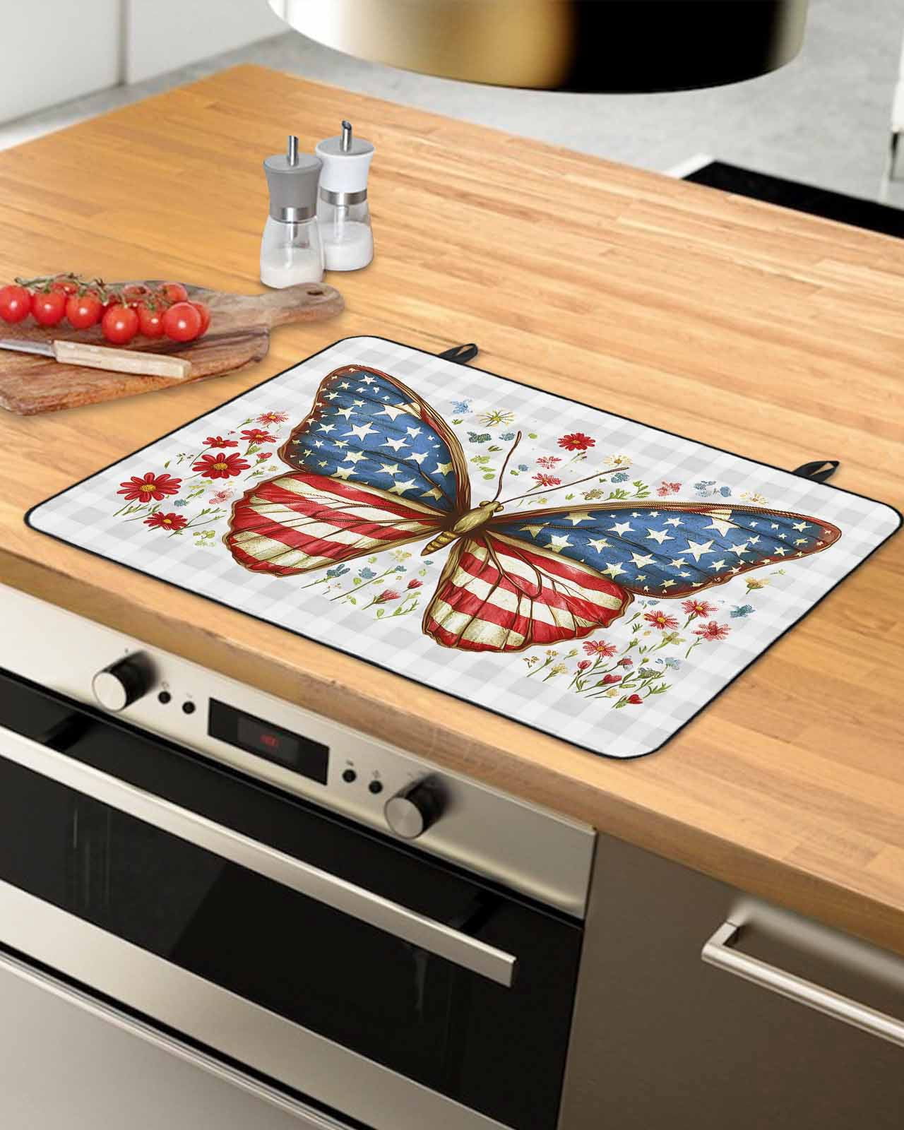 nqOlkjepod Large Induction Cooktop Protector Mat 24"x21", Independence Day Stove Top Covers for Electric Stove, American Flag Butterfly Grey Plaid Stove Burner Cover Mats, Glass Top Stove Cover