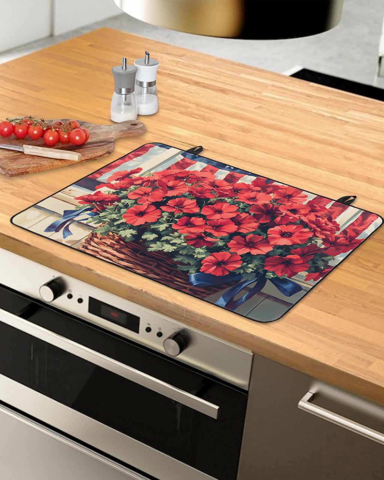 nqOlkjepod Large Induction Cooktop Protector Mat 24"x21", Independence Day Stove Top Covers for Electric Stove, Red Blue American Flag Flower Wood Stove Burner Cover Mats, Glass Top Stove Cover