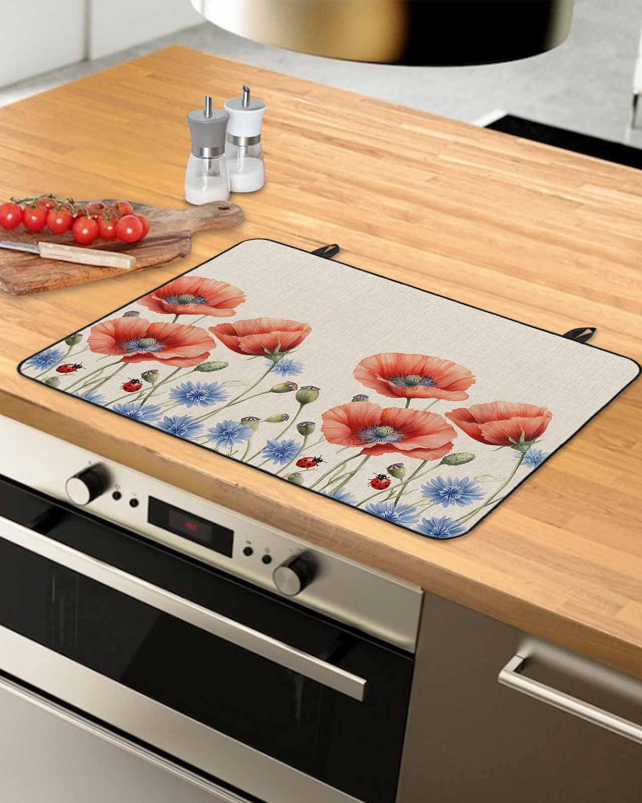 nqOlkjepod Large Induction Cooktop Protector Mat 24"x21", Independence Day Stove Top Covers for Electric Stove, Vintage Red Blue Botanical Floral Stove Burner Cover Mats, Glass Top Stove Cover