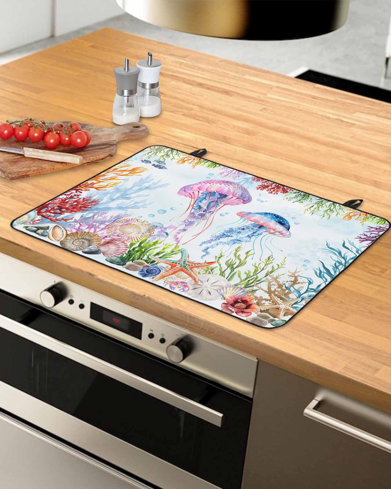 nqOlkjepod Large Induction Cooktop Protector Mat 24"x21", Jellyfish Coastal Stove Top Covers for Electric Stove, Blue Nautical Summer Beach Ocean Stove Burner Cover Mats, Glass Top Stove Cover