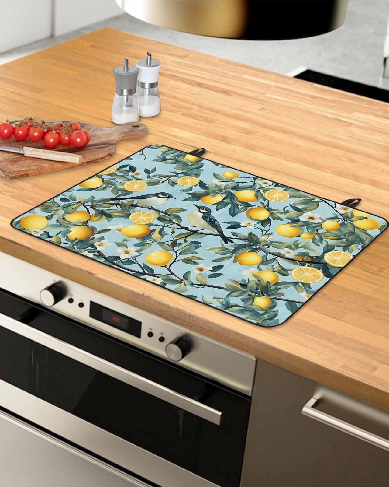 nqOlkjepod Large Induction Cooktop Protector Mat 24"x21", Lemon Bird Stove Top Covers for Electric Stove, Farmhouse Flowers Plant Leaf Spring Summer Stove Burner Cover Mats, Glass Top Stove Cover