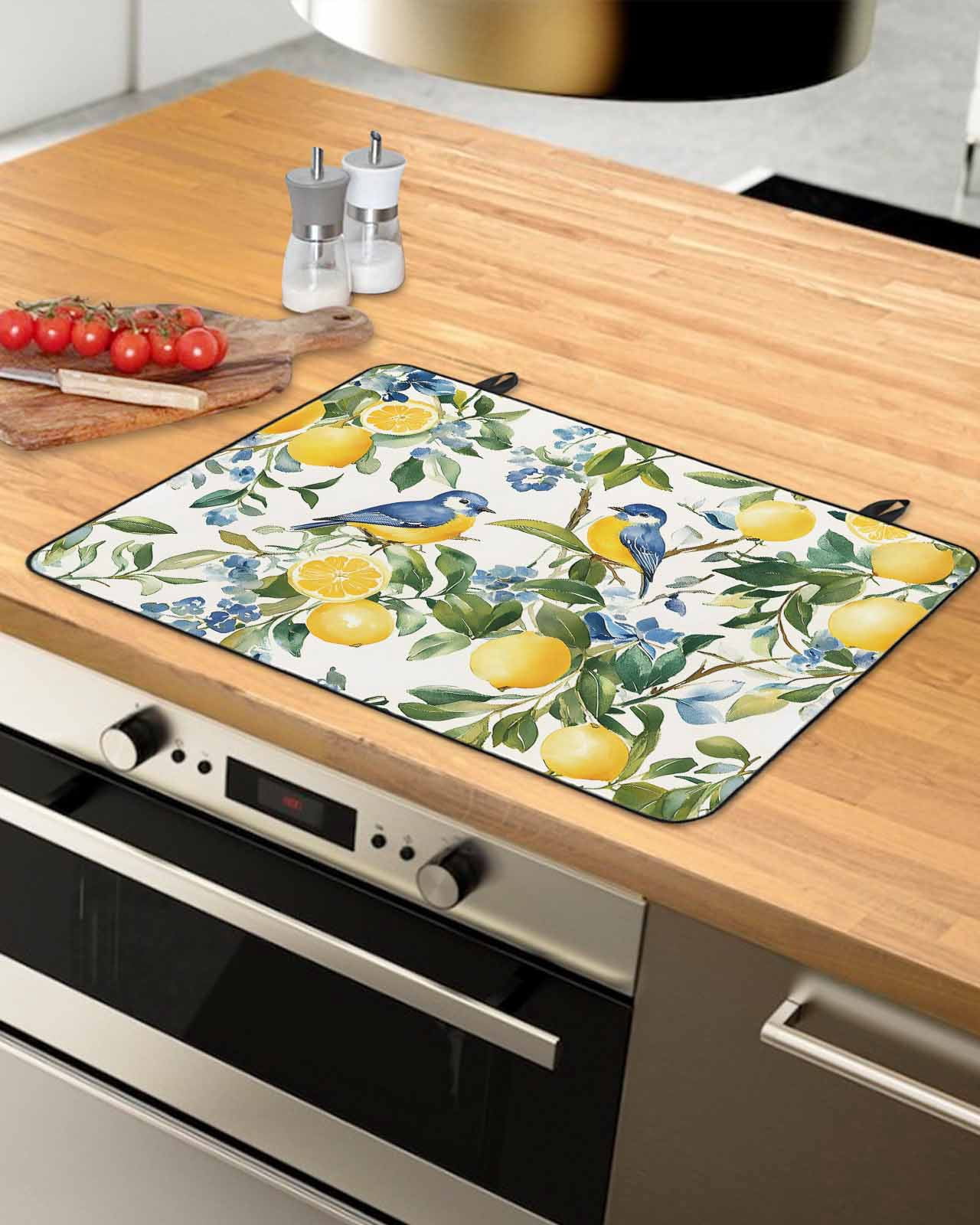 nqOlkjepod Large Induction Cooktop Protector Mat 24"x21", Lemon Bird Stove Top Covers for Electric Stove, Watercolor Yellow Green Foliage Flower Leaf Stove Burner Cover Mats, Glass Top Stove Cover