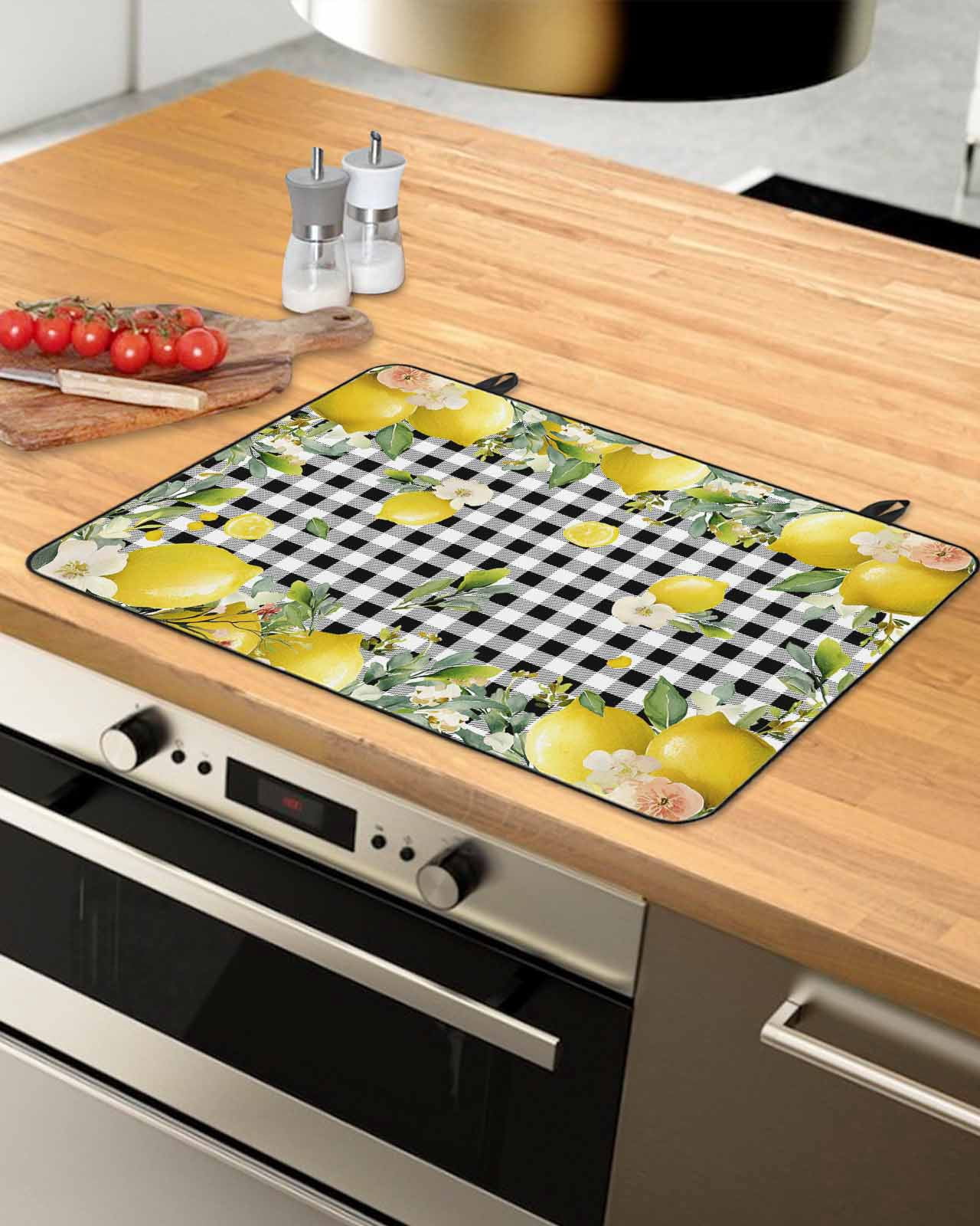 nqOlkjepod Large Induction Cooktop Protector Mat 24"x21", Lemon Farmhouse Stove Top Covers for Electric Stove, Summer Fruit Botanical Black Checked Stove Burner Cover Mats, Glass Top Stove Cover