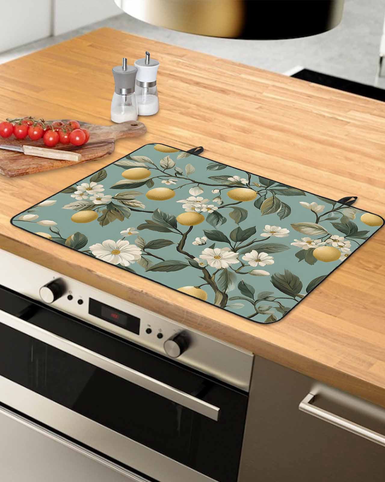 nqOlkjepod Large Induction Cooktop Protector Mat 24"x21", Lemon Flower Stove Top Covers for Electric Stove, Farm Summer Leaves Branch Watercolor Stove Burner Cover Mats, Glass Top Stove Cover
