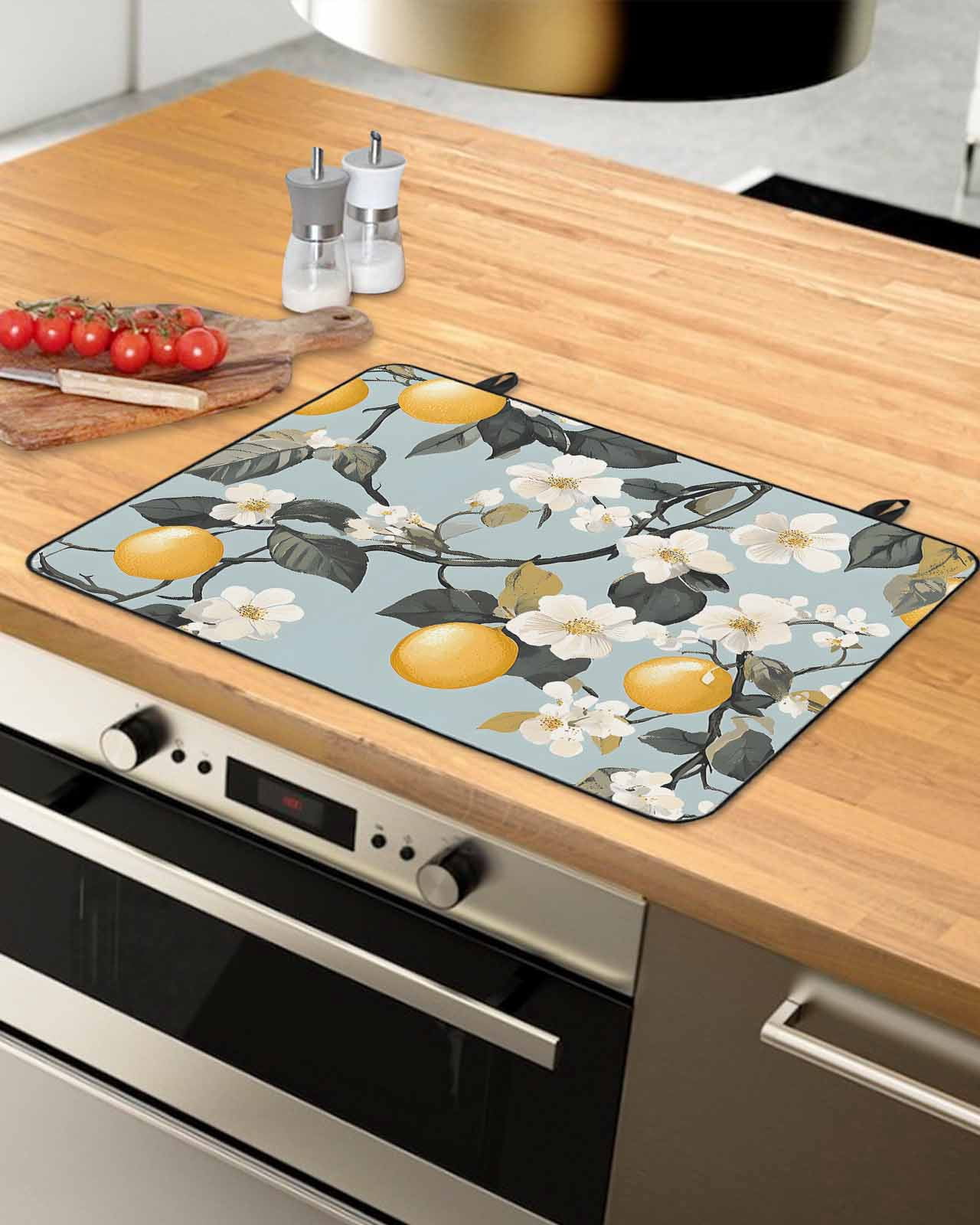 nqOlkjepod Large Induction Cooktop Protector Mat 24"x21", Lemon Flower Stove Top Covers for Electric Stove, Summer Floral Fruit White Floral Branch Stove Burner Cover Mats, Glass Top Stove Cover