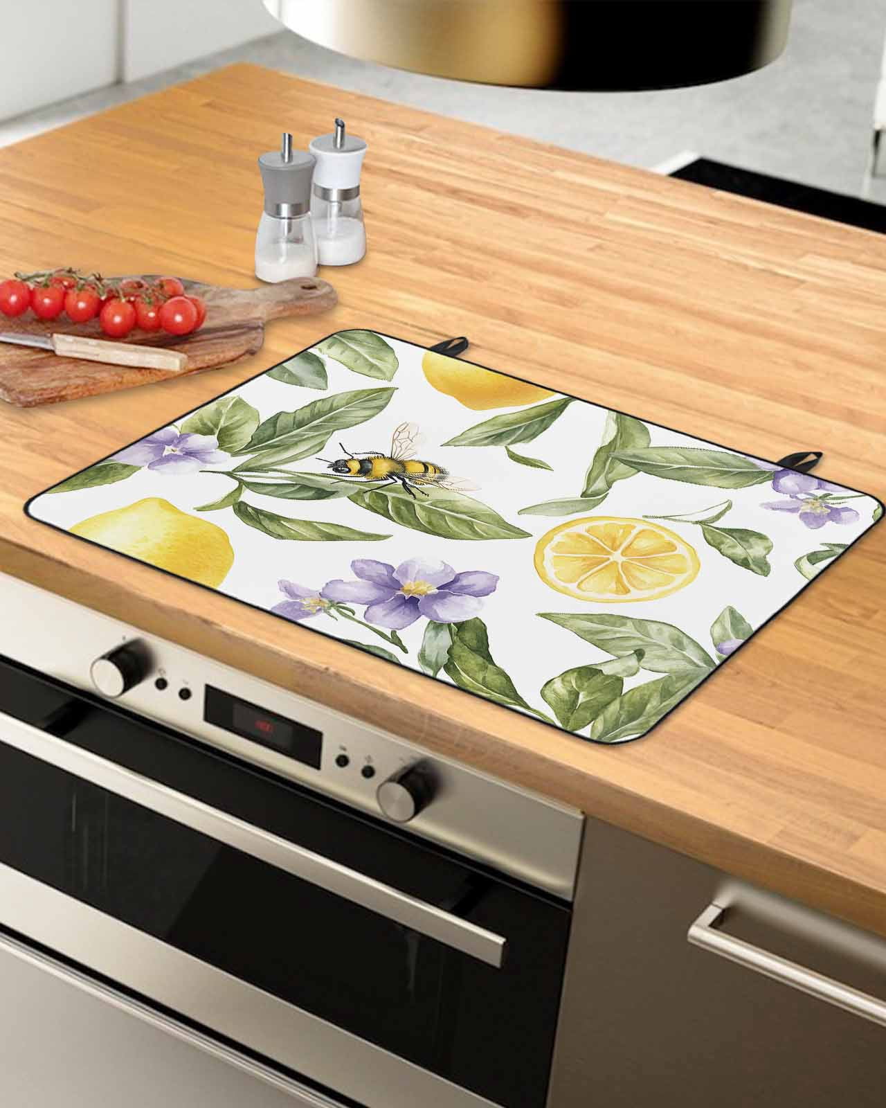 nqOlkjepod Large Induction Cooktop Protector Mat 24"x21", Lemon Flower Stove Top Covers for Electric Stove, Yellow Fruit Floral Country Bee Summer Stove Burner Cover Mats, Glass Top Stove Cover
