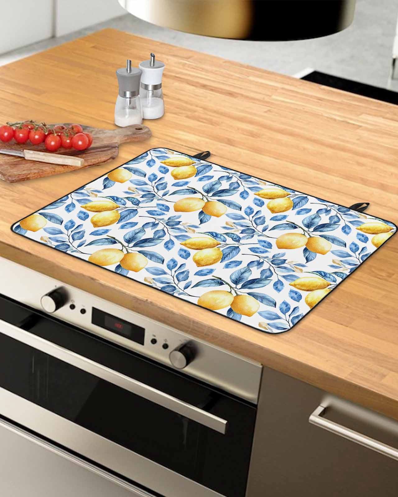 nqOlkjepod Large Induction Cooktop Protector Mat 24"x21", Lemon Leaf Stove Top Covers for Electric Stove, Yellow Fruit Blue Botanical Plant Summer Stove Burner Cover Mats, Glass Top Stove Cover