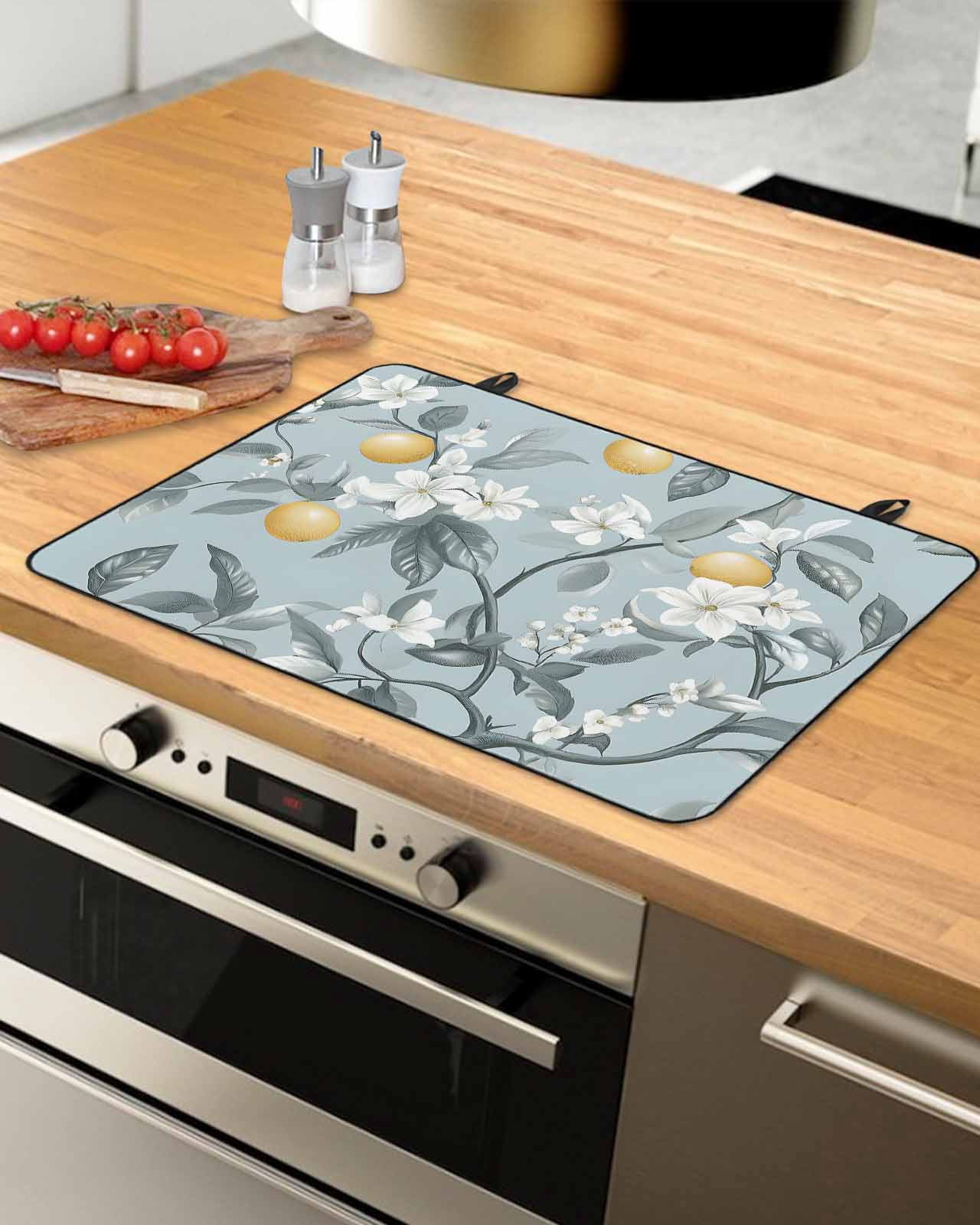 nqOlkjepod Large Induction Cooktop Protector Mat 24"x21", Lemon Leaves Stove Top Covers for Electric Stove, Garden Floral Branch Leaf Summer Fruit Stove Burner Cover Mats, Glass Top Stove Cover