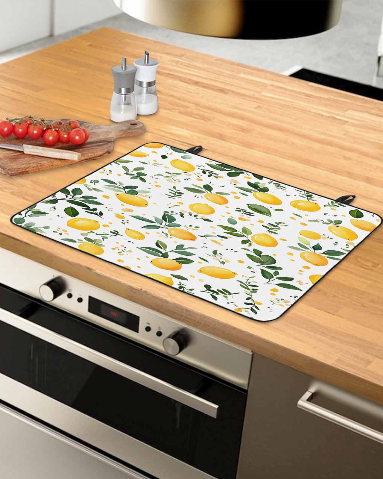 nqOlkjepod Large Induction Cooktop Protector Mat 24"x21", Lemon Leaves Stove Top Covers for Electric Stove, Summer Fruit Botanical Watercolor Flower Stove Burner Cover Mats, Glass Top Stove Cover