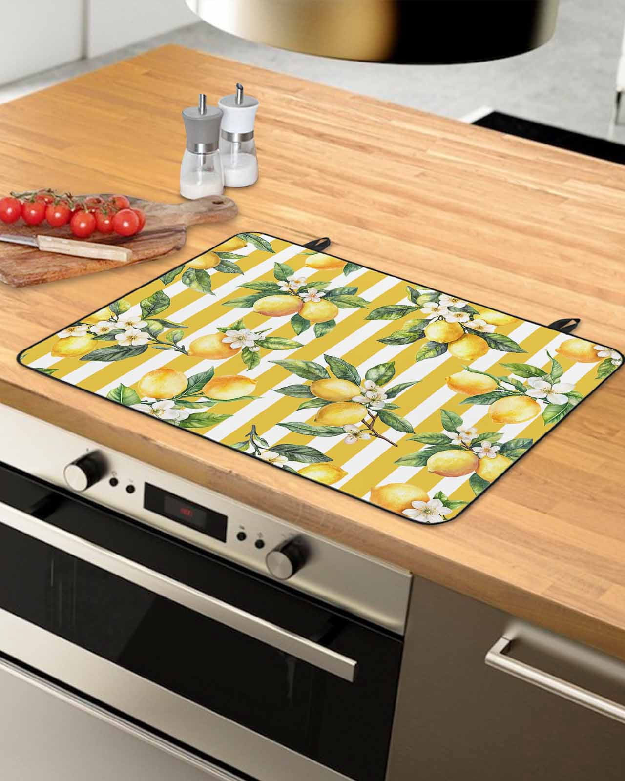 nqOlkjepod Large Induction Cooktop Protector Mat 24"x21", Lemon Leaves Stove Top Covers for Electric Stove, Yellow Vertical Stripes Spring Flowers Stove Burner Cover Mats, Glass Top Stove Cover