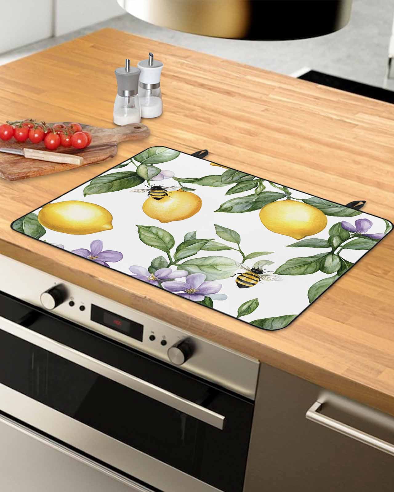 nqOlkjepod Large Induction Cooktop Protector Mat 24"x21", Lemon Stove Top Covers for Electric Stove, Summer Bee Farmhouse Green Leaf Purple Flower Stove Burner Cover Mats, Glass Top Stove Cover