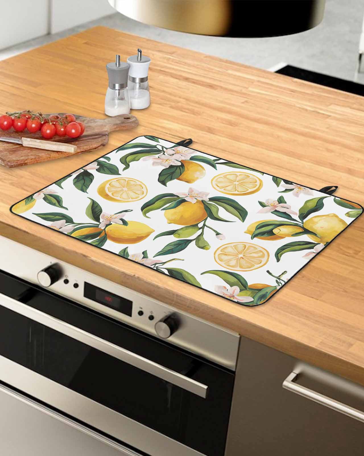nqOlkjepod Large Induction Cooktop Protector Mat 24"x21", Lemon Stove Top Covers for Electric Stove, Yellow Fruit Watercolor Modern Flower Leaf Stove Burner Cover Mats, Glass Top Stove Cover