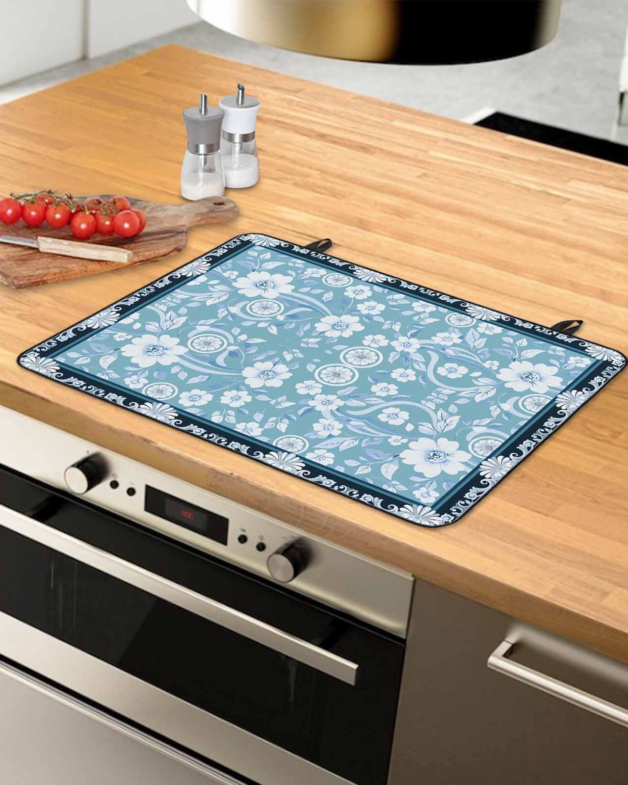 nqOlkjepod Large Induction Cooktop Protector Mat 24"x21", Light Blue White Flowers Stove Top Covers for Electric Stove, Rustic Vintage Botanical Leaves Stove Burner Cover Mats, Glass Top Stove Cover