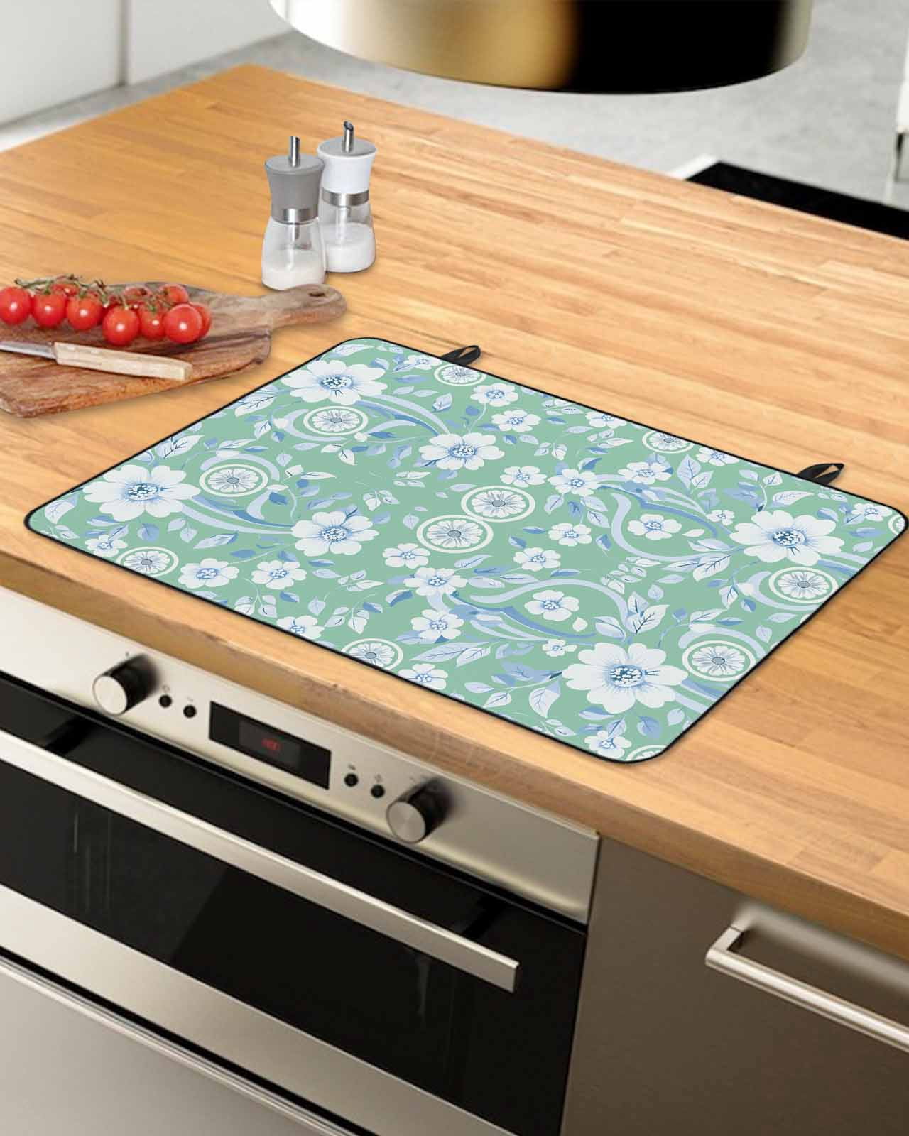 nqOlkjepod Large Induction Cooktop Protector Mat 24"x21", Light Green Blue Floral Stove Top Covers for Electric Stove, Vintage Pastoral Botanical Stove Burner Cover Mats, Glass Top Stove Cover