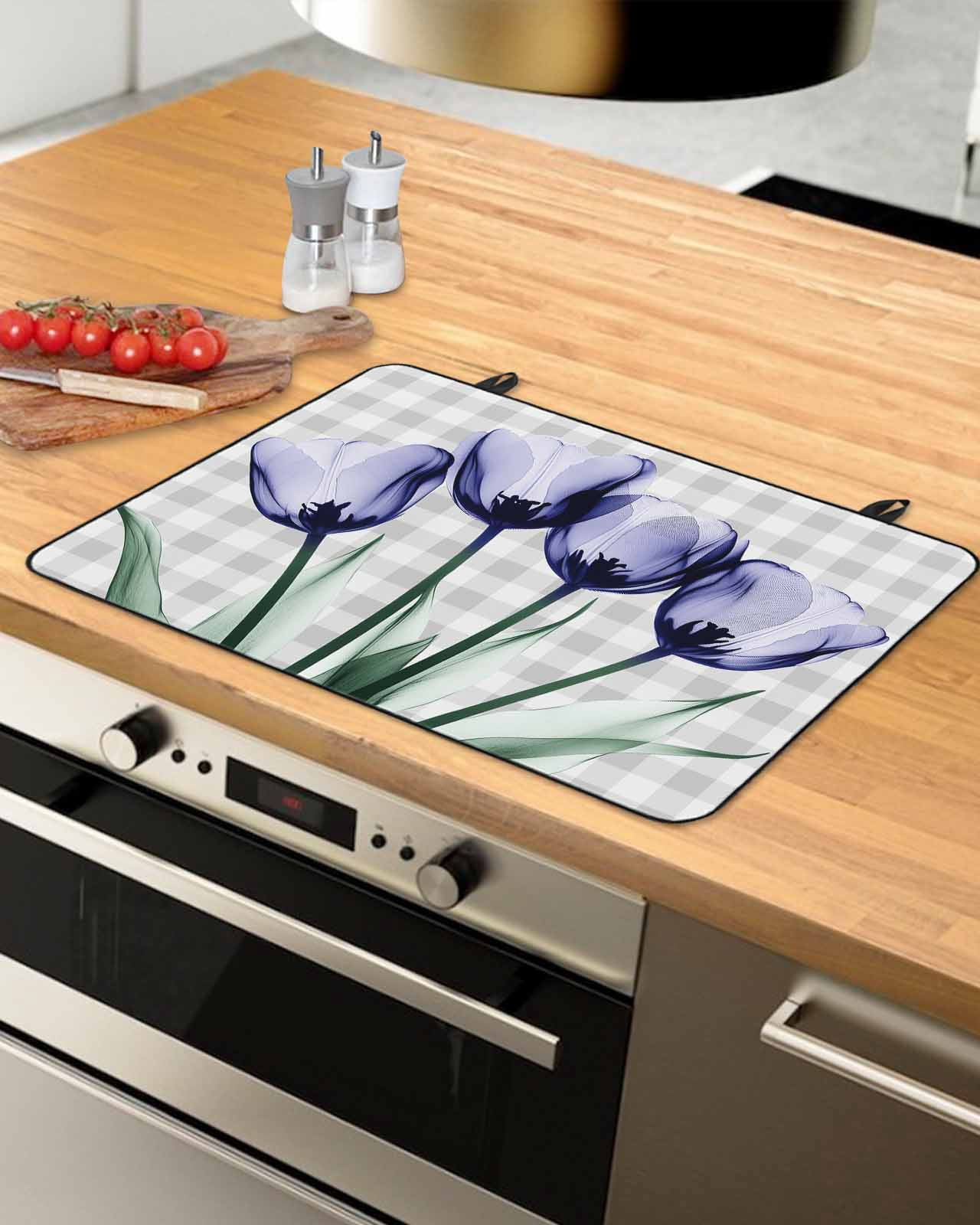 nqOlkjepod Large Induction Cooktop Protector Mat 24"x21", Light Purple Tulip Stove Top Covers for Electric Stove, Farmhouse Flowers Grey Checkered Stove Burner Cover Mats, Glass Top Stove Cover