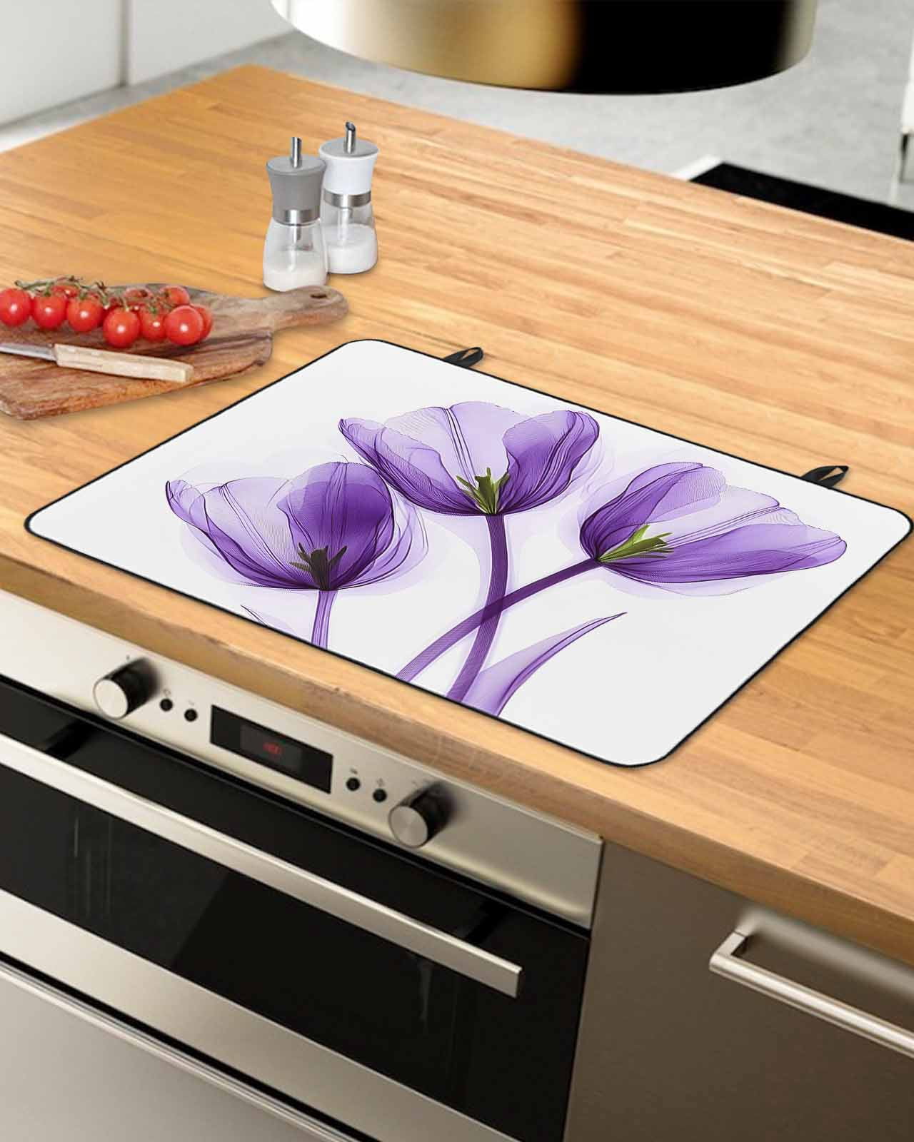 nqOlkjepod Large Induction Cooktop Protector Mat 24"x21", Luxury Purple Tulip Stove Top Covers for Electric Stove, Watercolor Spring Rustic Floral Stove Burner Cover Mats, Glass Top Stove Cover