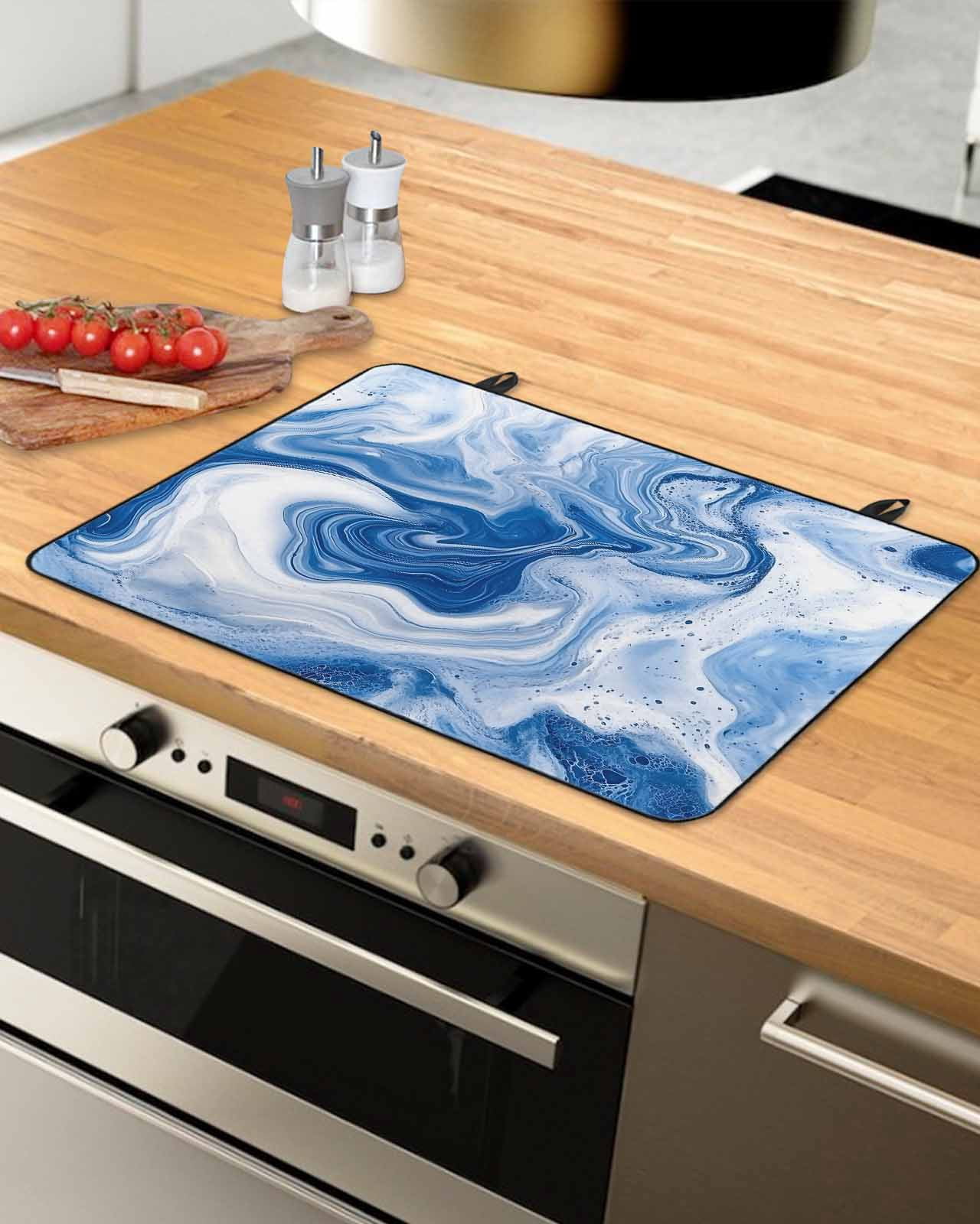 nqOlkjepod Large Induction Cooktop Protector Mat 24"x21", Marble Blue Stove Top Covers for Electric Stove, Ceramic Style Grunge Scratches Watercolor Stove Burner Cover Mats, Glass Top Stove Cover