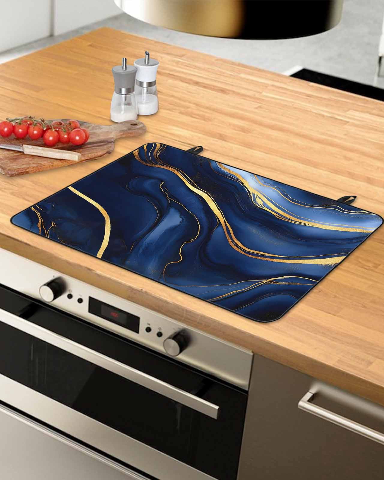 nqOlkjepod Large Induction Cooktop Protector Mat 24"x21", Marble Navy Blue Stove Top Covers for Electric Stove, Modern Golden Ombre Retro Art Stove Burner Cover Mats, Glass Top Stove Cover