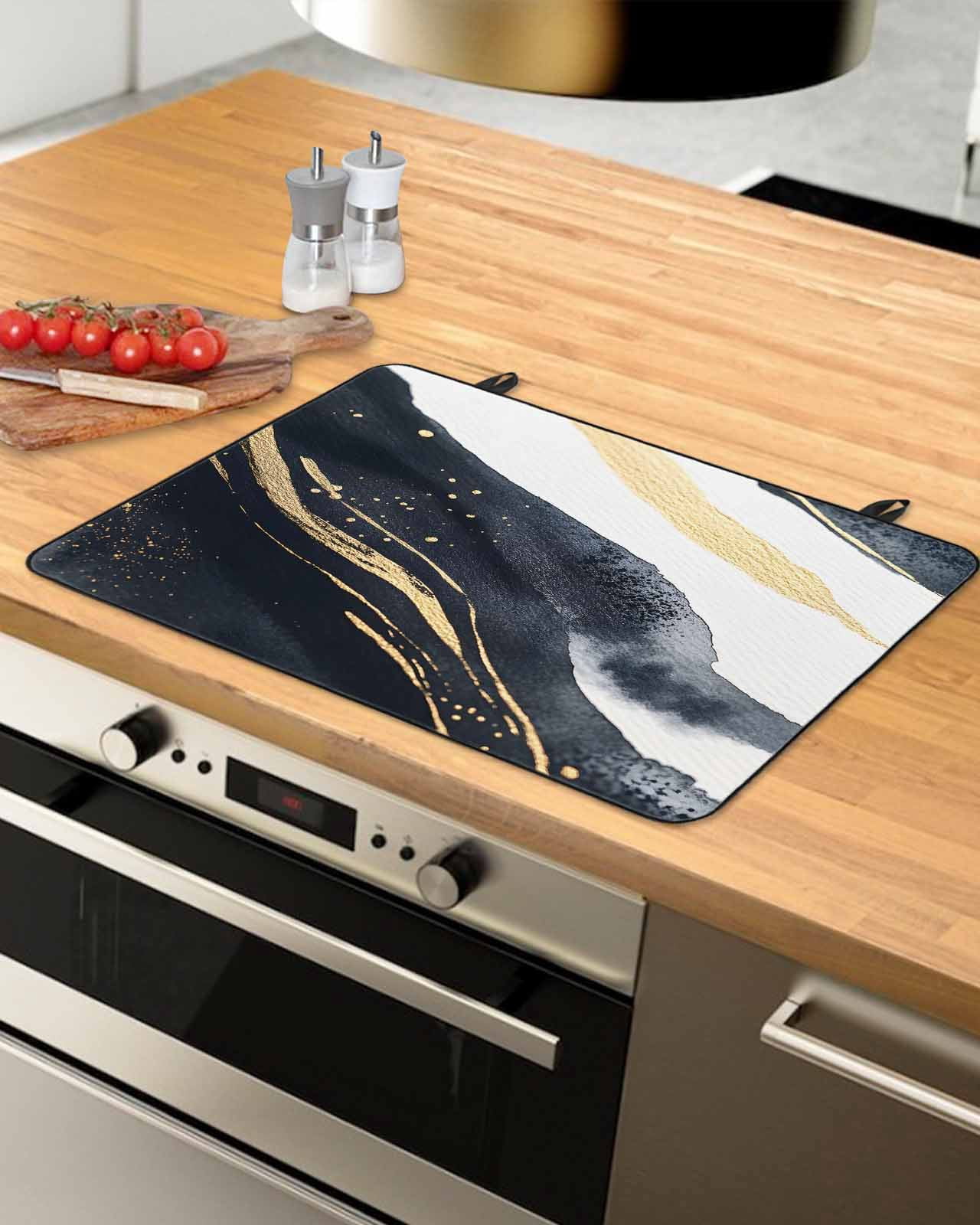 nqOlkjepod Large Induction Cooktop Protector Mat 24"x21", Marble Stove Top Covers for Electric Stove, Black Navy Blue Gold White Modern Luxury Stove Burner Cover Mats, Glass Top Stove Cover