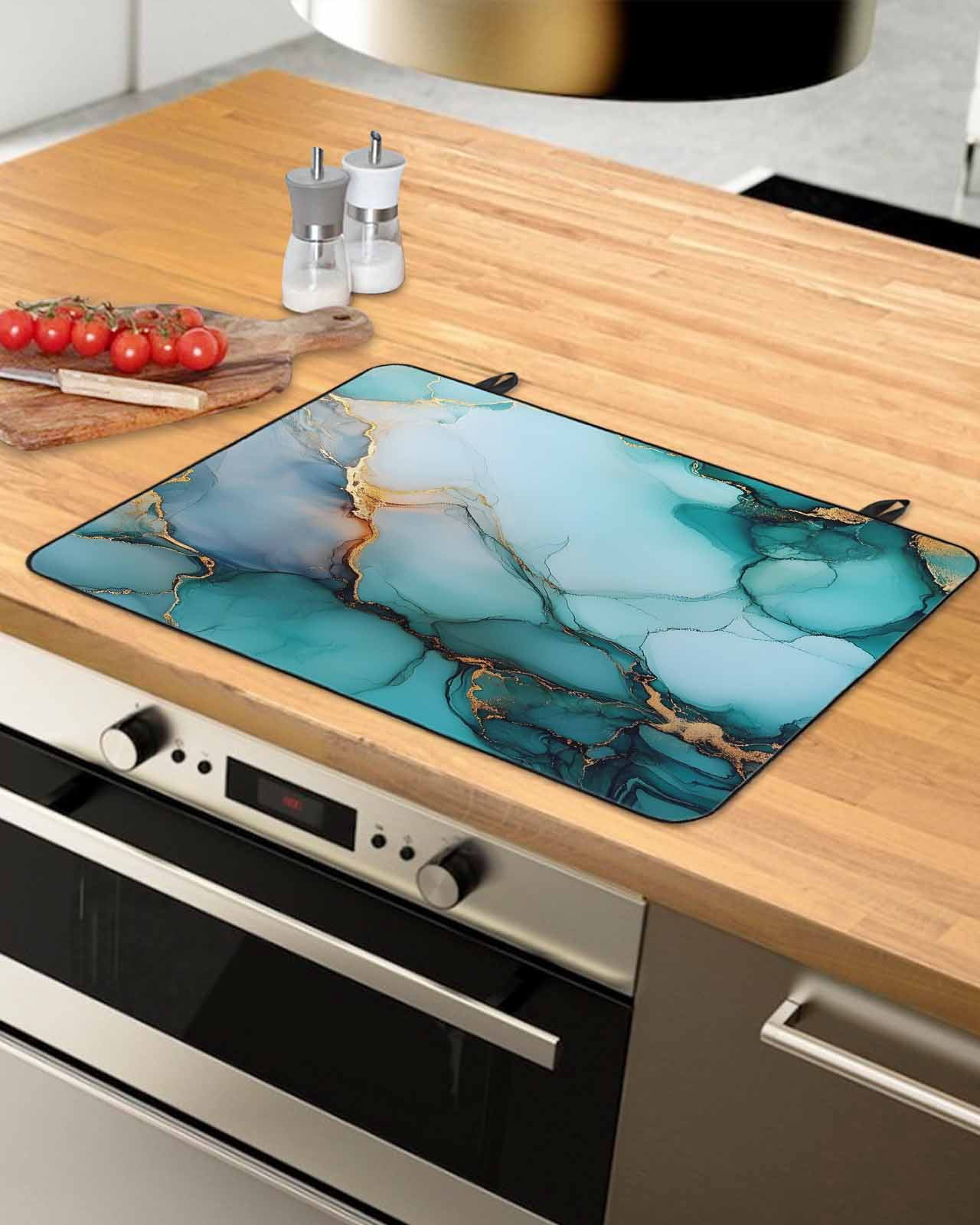 nqOlkjepod Large Induction Cooktop Protector Mat 24"x21", Marble Turquoise Gold Stove Top Covers for Electric Stove, Abstract Simple Geometric Stove Burner Cover Mats, Glass Top Stove Cover