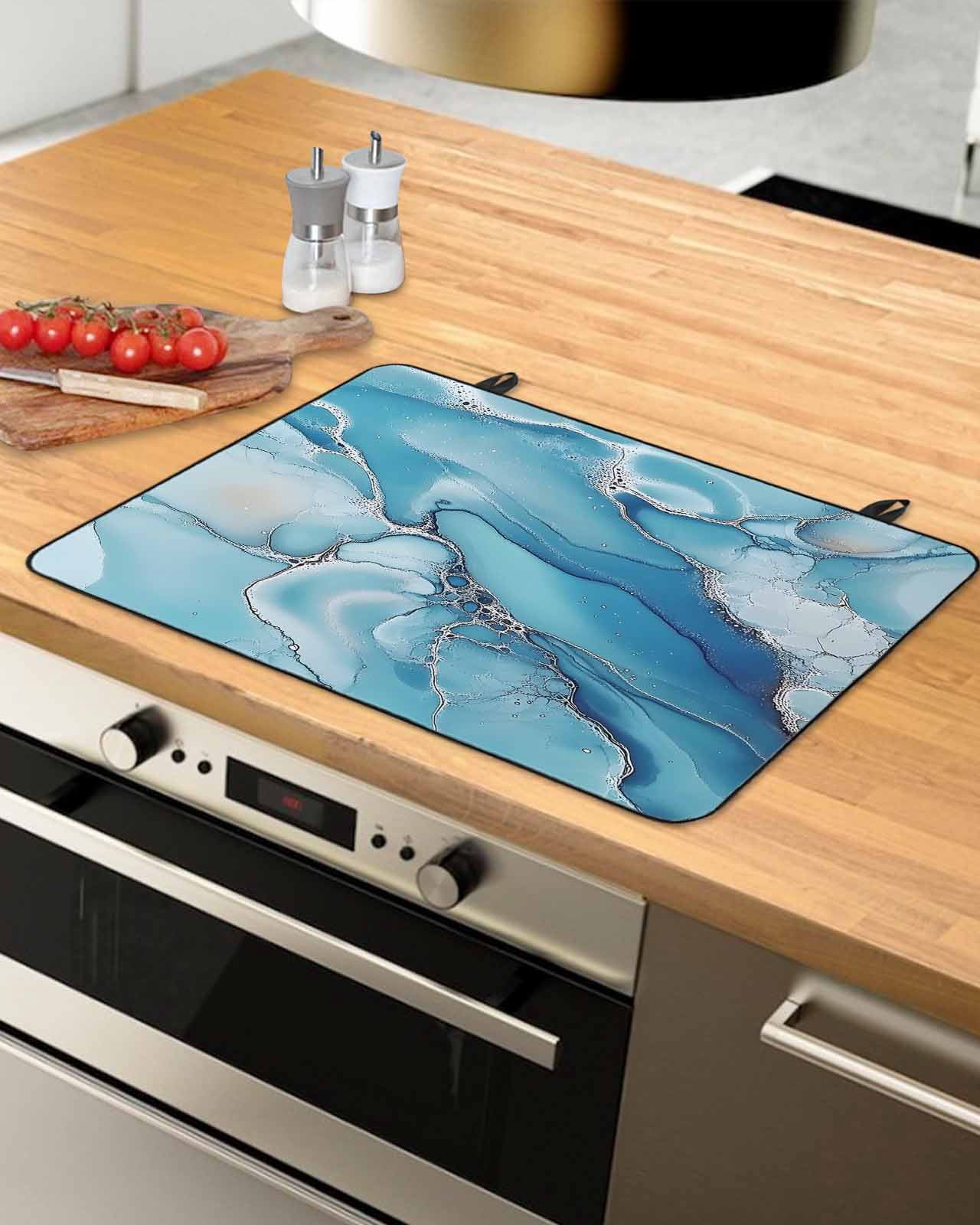 nqOlkjepod Large Induction Cooktop Protector Mat 24"x21", Modern Blue Grey Stove Top Covers for Electric Stove, Abstract Marble Textured Decorative Stove Burner Cover Mats, Glass Top Stove Cover