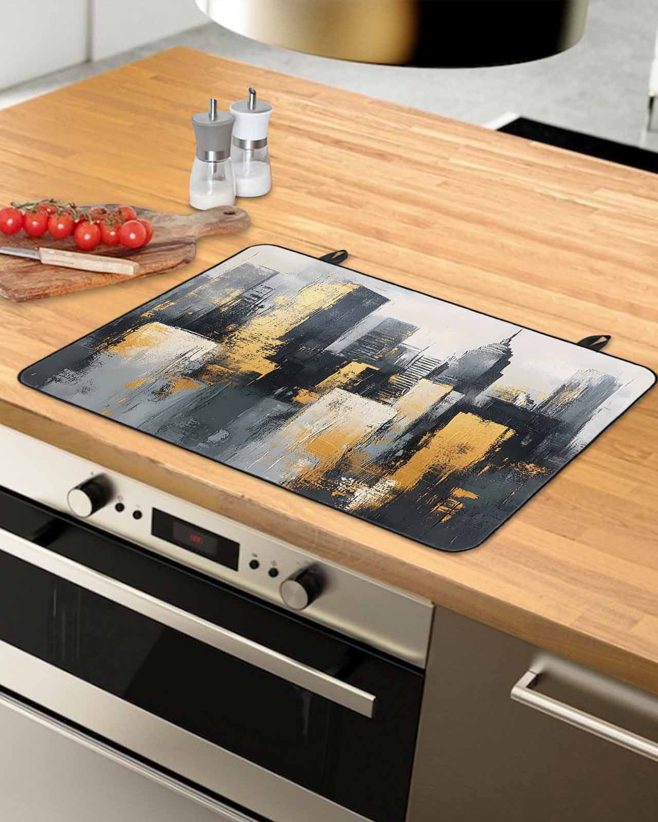 nqOlkjepod Large Induction Cooktop Protector Mat 24"x21", Modern Building Stove Top Covers for Electric Stove, Chic Retro Abstract City Oil Painting Stove Burner Cover Mats, Glass Top Stove Cover