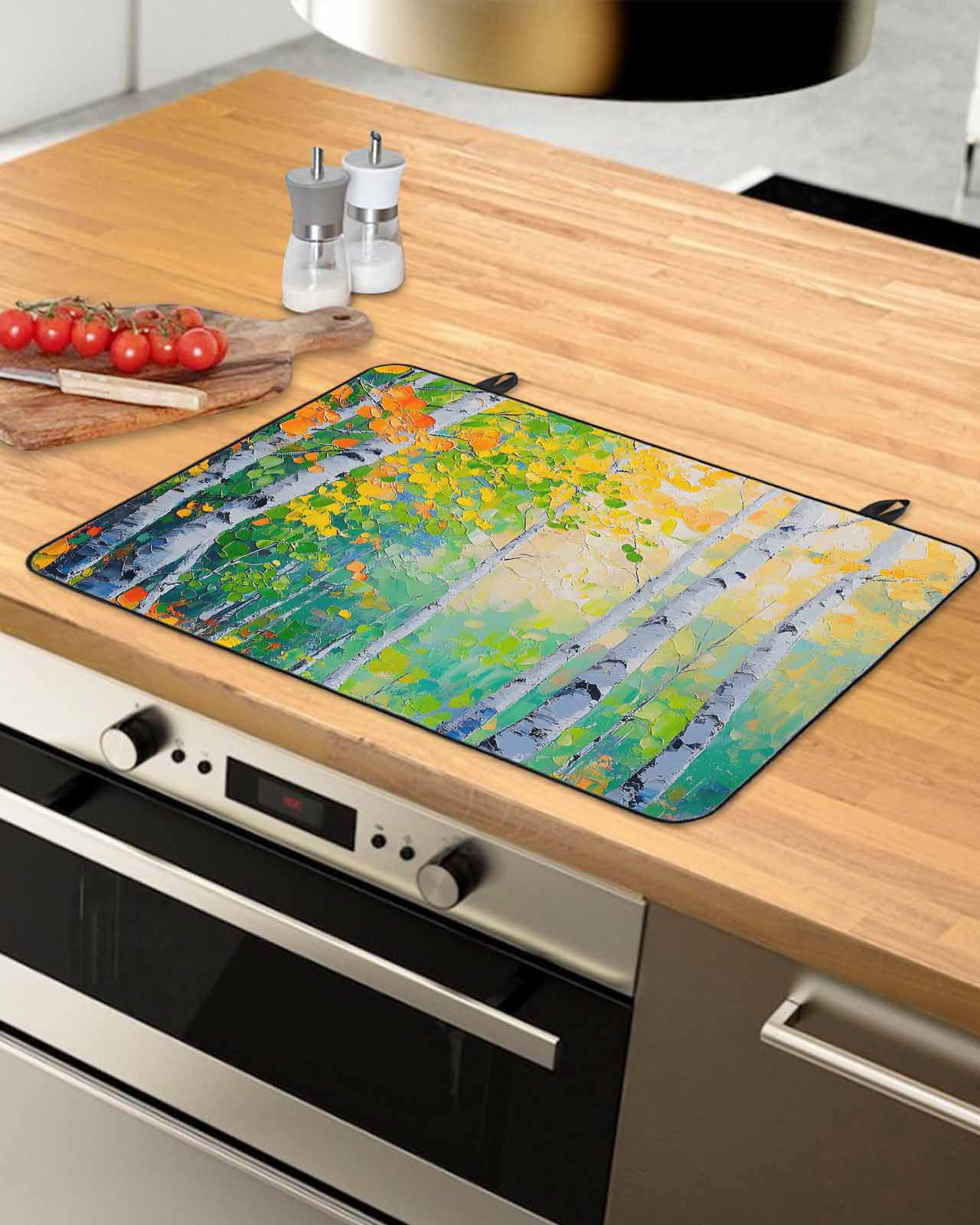 nqOlkjepod Large Induction Cooktop Protector Mat 24"x21", Modern Oil Painting Stove Top Covers for Electric Stove, Green Yellow Leaves Trees Pastoral Stove Burner Cover Mats, Glass Top Stove Cover