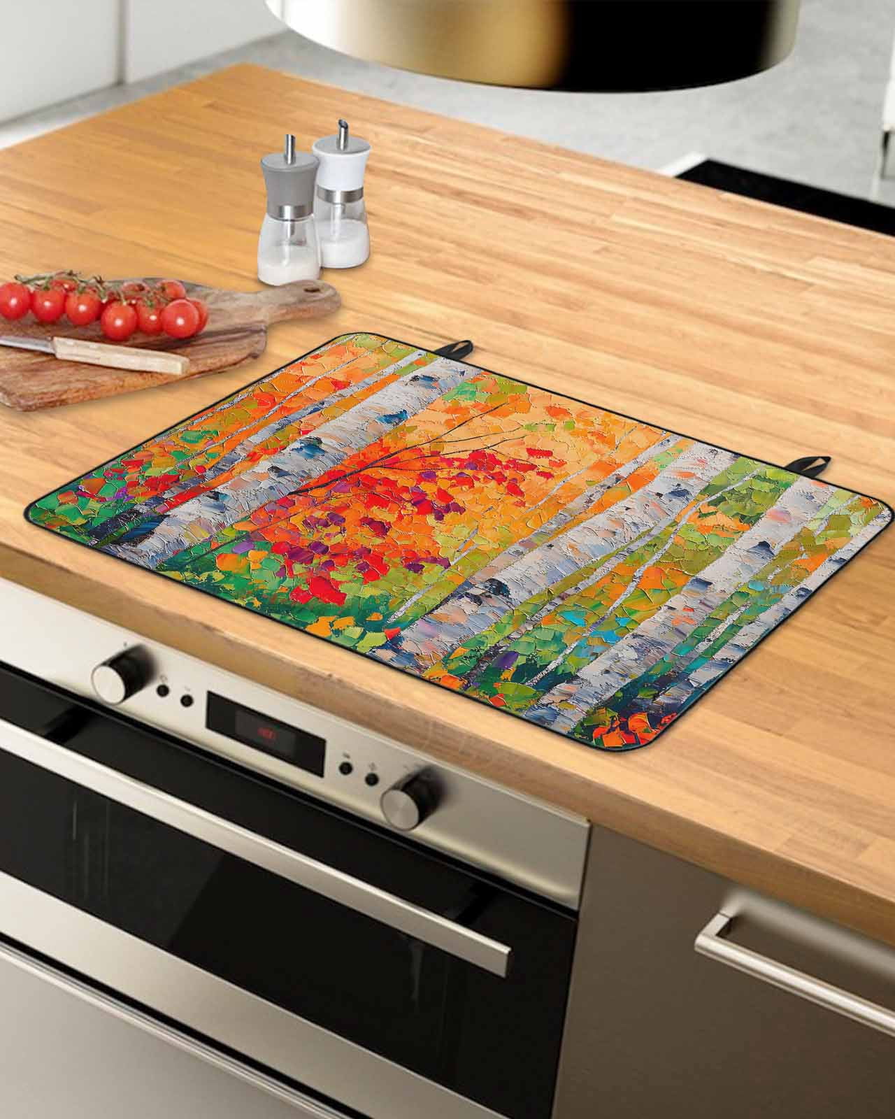 nqOlkjepod Large Induction Cooktop Protector Mat 24"x21", Modern Oil Painting Stove Top Covers for Electric Stove, Summer Tree Leaves Yellow Green Stove Burner Cover Mats, Glass Top Stove Cover