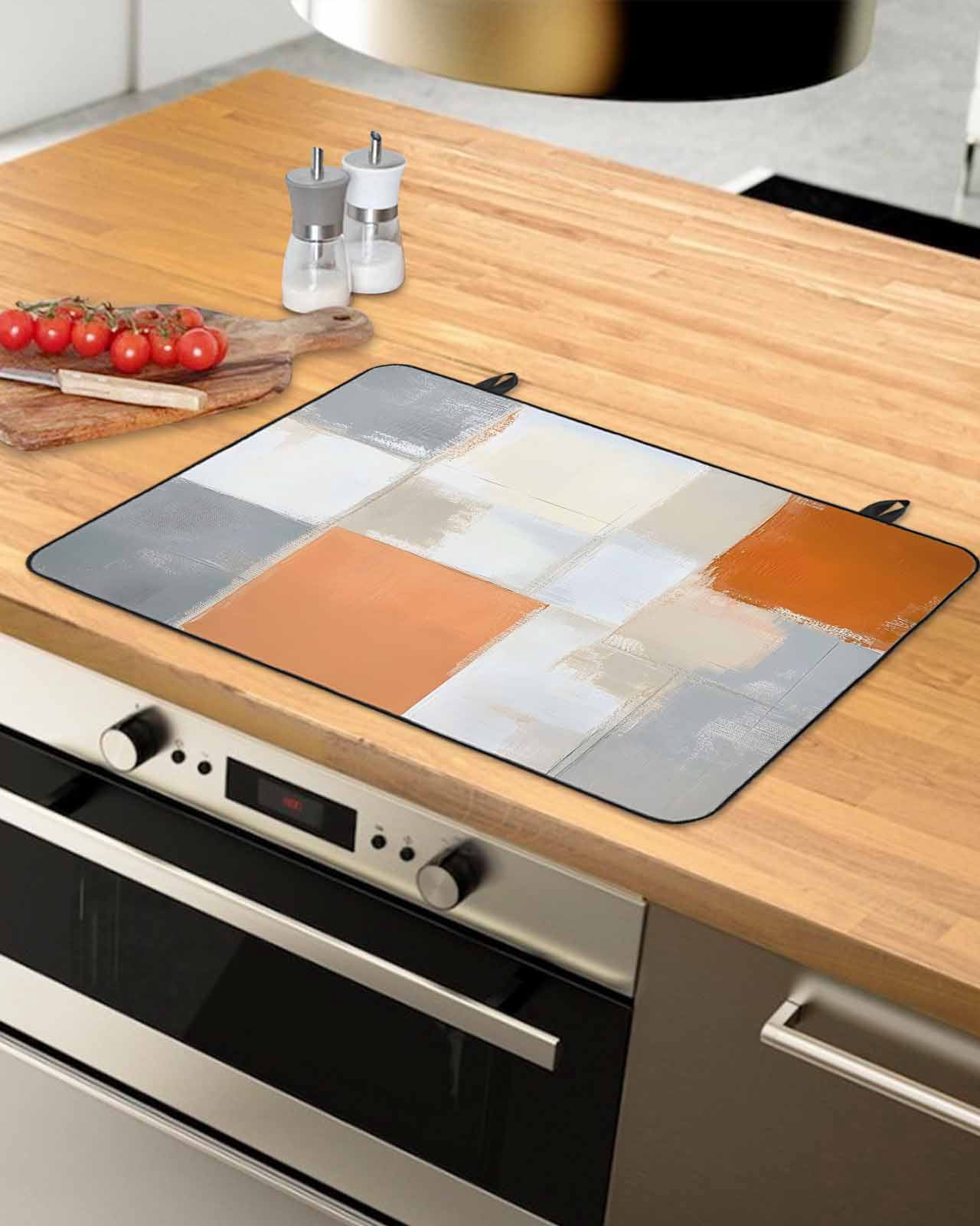 nqOlkjepod Large Induction Cooktop Protector Mat 24"x21", Modern Orange Beige Stove Top Covers for Electric Stove, Abstract Oil Painting Grey Color Blocks Stove Burner Cover Mats Stove Cover