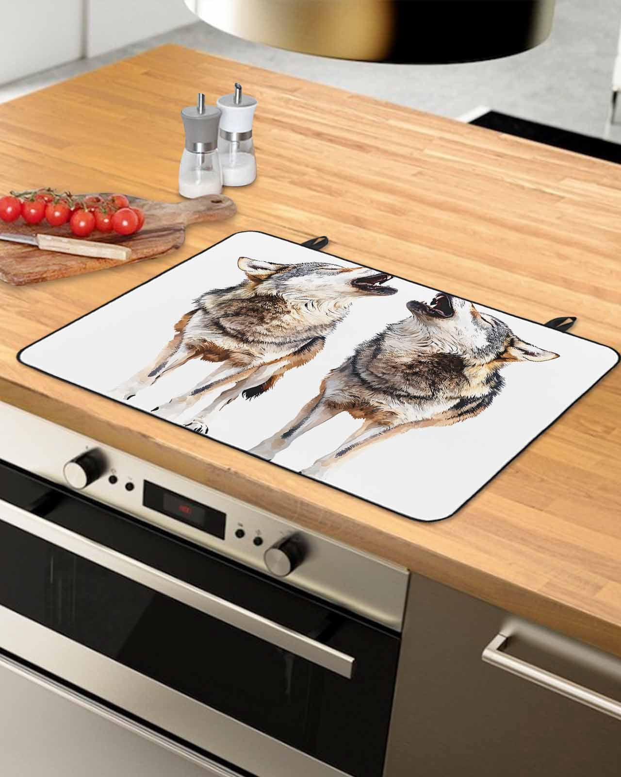nqOlkjepod Large Induction Cooktop Protector Mat 24"x21", Modern Wolves Stove Top Covers for Electric Stove, Abstract Watercolor Animals Print Stove Burner Cover Mats, Glass Top Stove Cover
