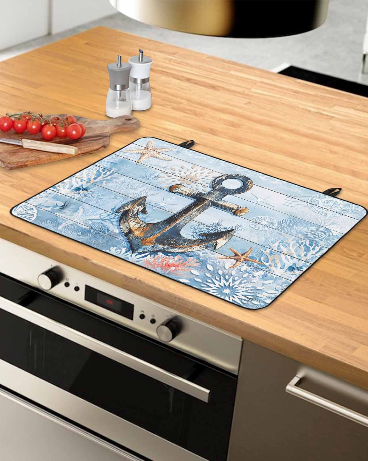 nqOlkjepod Large Induction Cooktop Protector Mat 24"x21", Nautical Anchor Stove Top Covers for Electric Stove, Blue Coastal Starfish Coral Wooden Grain Stove Burner Cover Mats, Glass Top Stove Cover