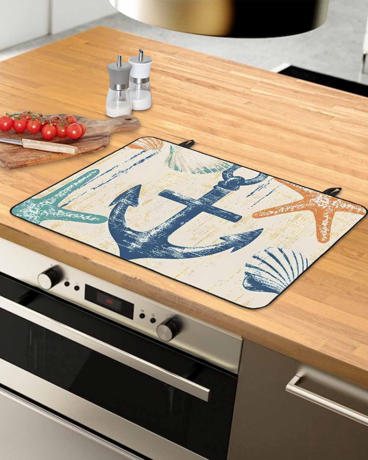 nqOlkjepod Large Induction Cooktop Protector Mat 24"x21", Nautical Anchor Stove Top Covers for Electric Stove, Summer Coastal Ocean Vintage Starfish Stove Burner Cover Mats, Glass Top Stove Cover