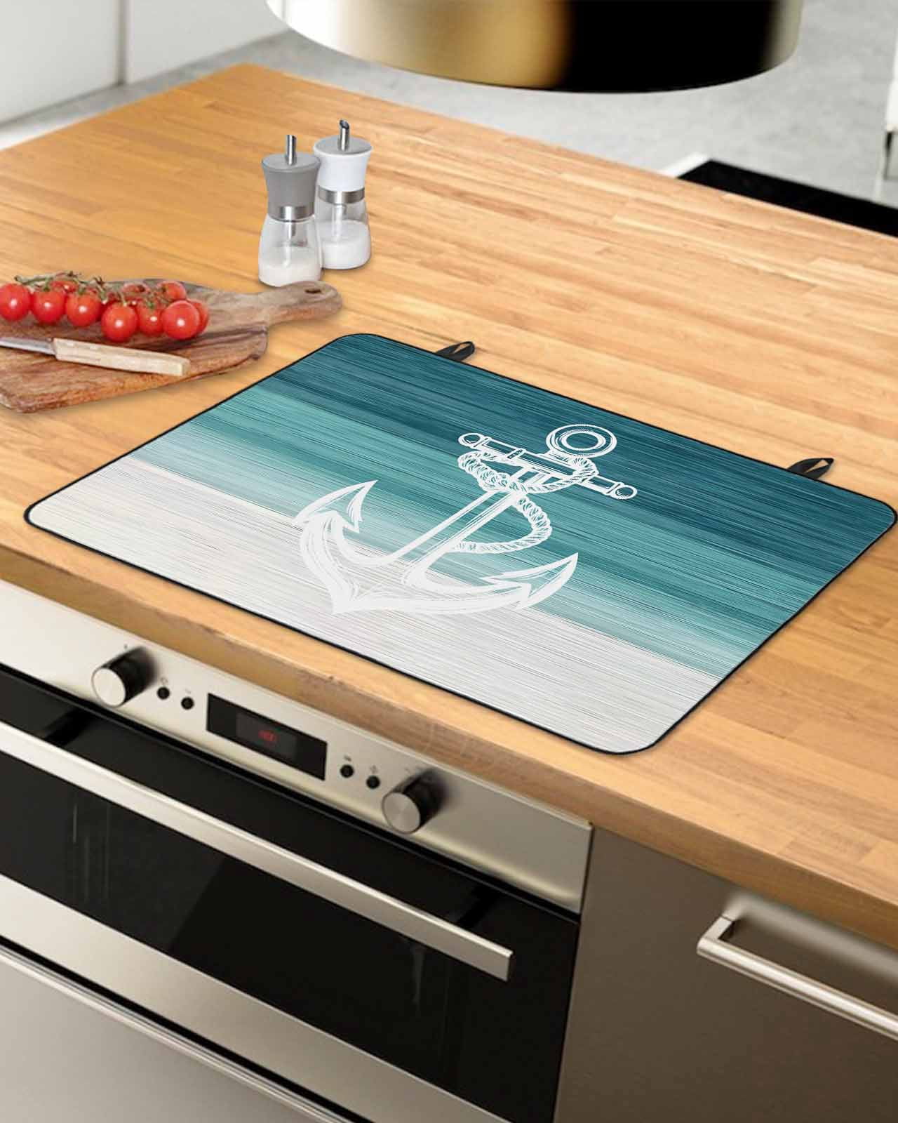 nqOlkjepod Large Induction Cooktop Protector Mat 24"x21", Nautical Anchor Teal Green Stove Top Covers for Electric Stove, Coastal Ocean Ombre Striped Stove Burner Cover Mats, Glass Top Stove Cover