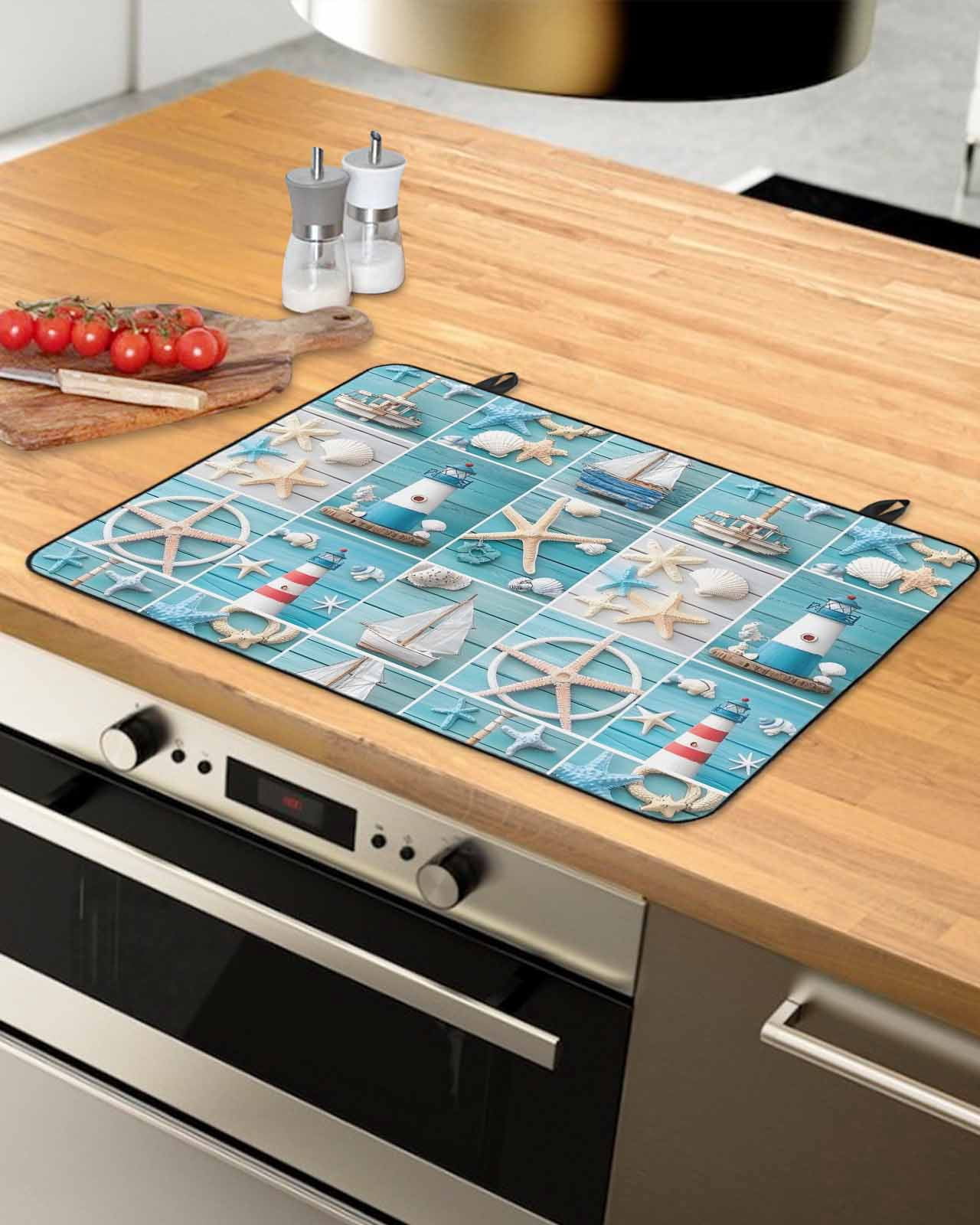 nqOlkjepod Large Induction Cooktop Protector Mat 24"x21", Nautical Beach Stove Top Covers for Electric Stove, Blue Coastal Starfish Lighthouse Starfish Stove Burner Cover Mats, Glass Top Stove Cover