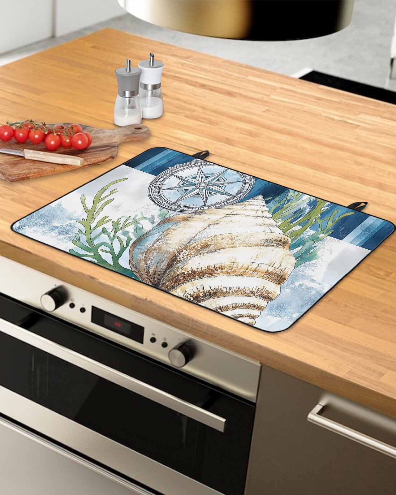 nqOlkjepod Large Induction Cooktop Protector Mat 24"x21", Nautical Compass Stove Top Covers for Electric Stove, Coastal Ocean Shell Seaweed Decorative Stove Burner Cover Mats, Glass Top Stove Cover