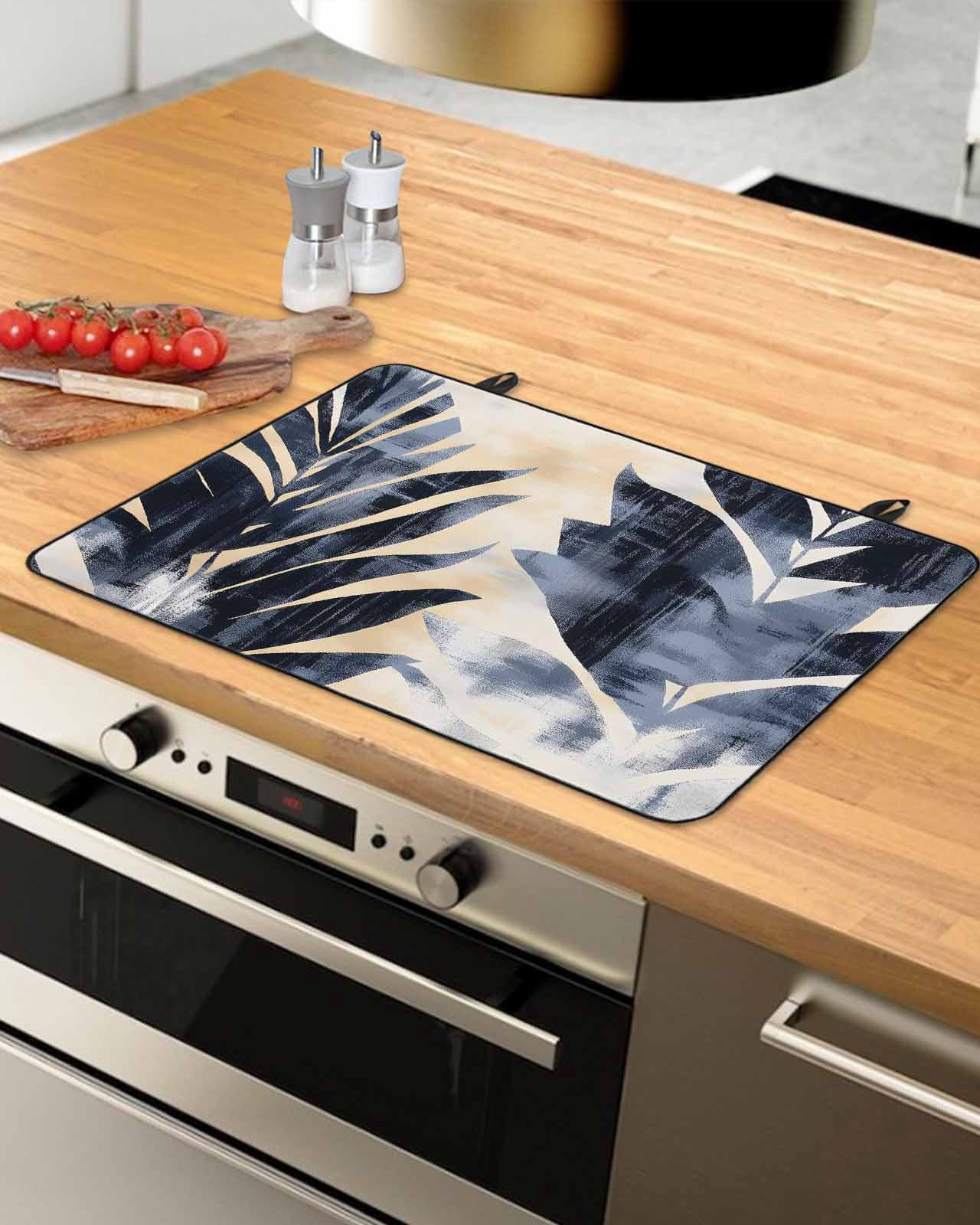 nqOlkjepod Large Induction Cooktop Protector Mat 24"x21", Navy Blue Botanical Stove Top Covers for Electric Stove, Vintage Tropical Palm Leaves Stove Burner Cover Mats, Glass Top Stove Cover
