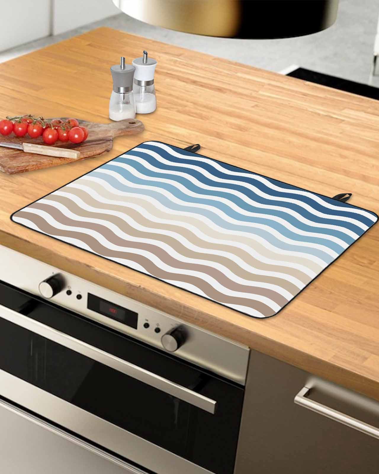 nqOlkjepod Large Induction Cooktop Protector Mat 24"x21", Navy Blue Brown Ombre Moire Stove Top Covers for Electric Stove, Water Ripple Stripe Farmhouse Stove Burner Cover Mats Stove Cover