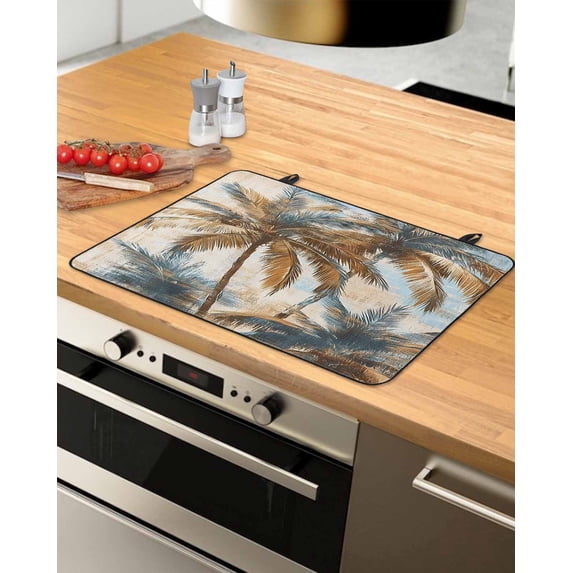 nqOlkjepod Large Induction Cooktop Protector Mat 24"x21", Navy Blue Brown Palm Tree Stove Top Covers for Electric Stove, Tropical Leaves Vintage Stove Burner Cover Mats, Glass Top Stove Cover