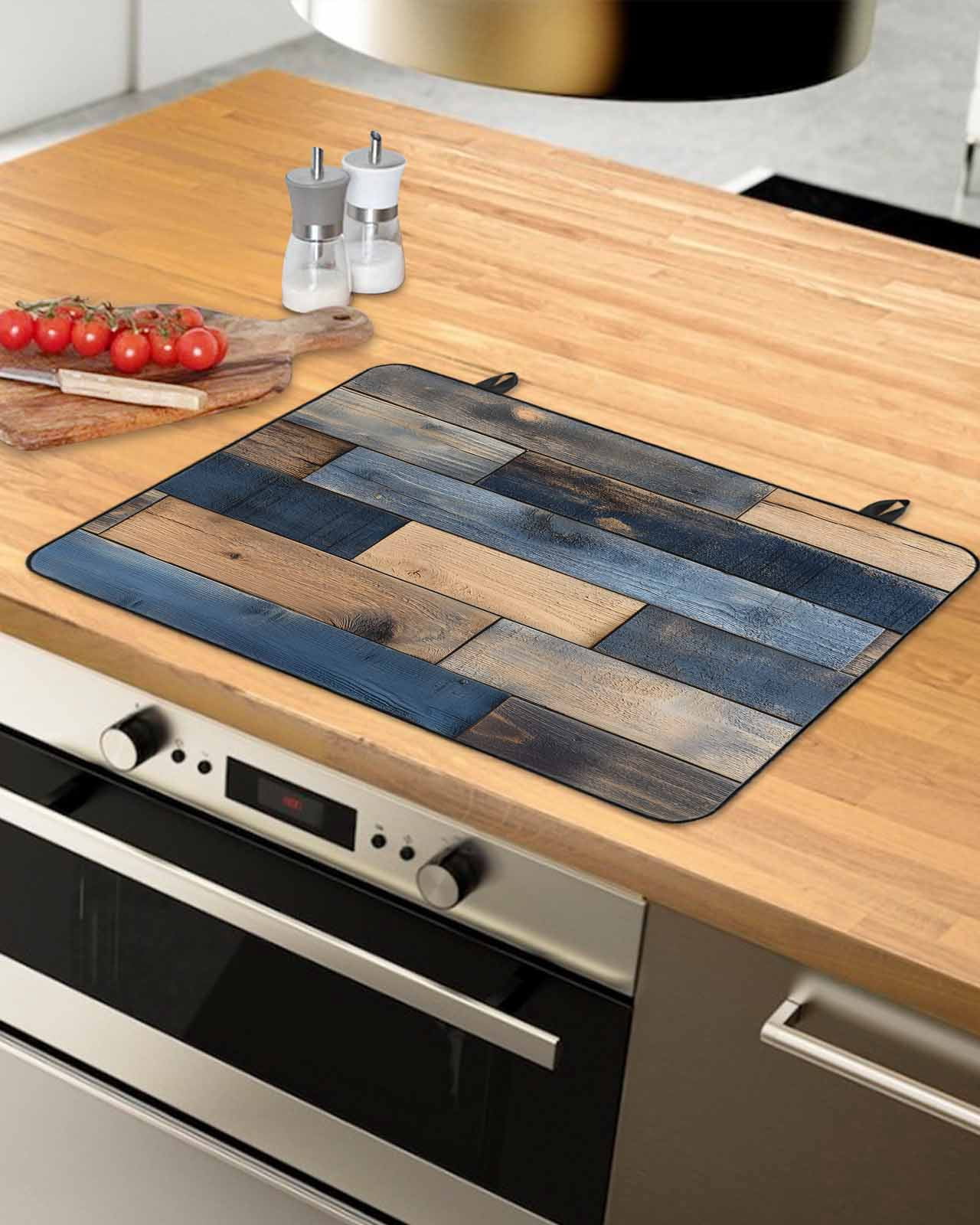 nqOlkjepod Large Induction Cooktop Protector Mat 24"x21", Navy Blue Brown Wood Stove Top Covers for Electric Stove, Farmhouse Vintage Wooden Decorative Stove Burner Cover Mats, Glass Top Stove Cover
