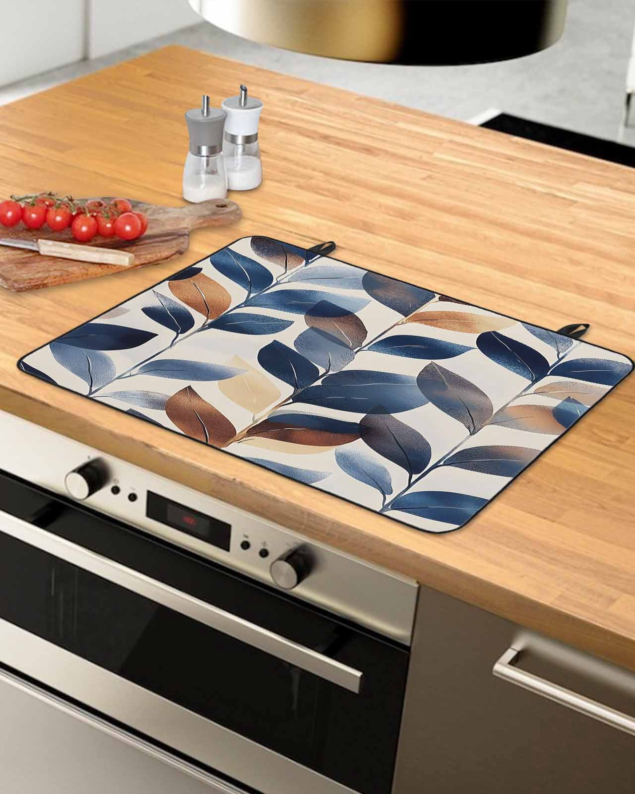 nqOlkjepod Large Induction Cooktop Protector Mat 24"x21", Navy Blue Burnt Orange Botanical Stove Top Covers for Electric Stove, Wildflower Palm Leaf Stove Burner Cover Mats, Glass Top Stove Cover
