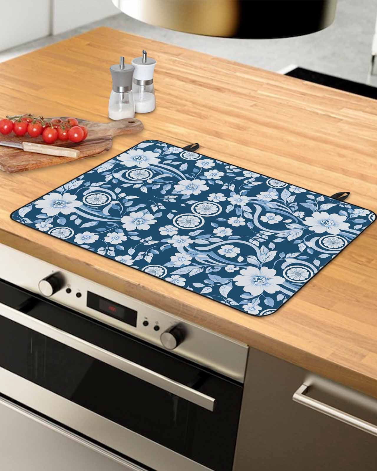 nqOlkjepod Large Induction Cooktop Protector Mat 24"x21", Navy Blue Floral Stove Top Covers for Electric Stove, Vintage Pastoral Botanical Leaves Stove Burner Cover Mats, Glass Top Stove Cover