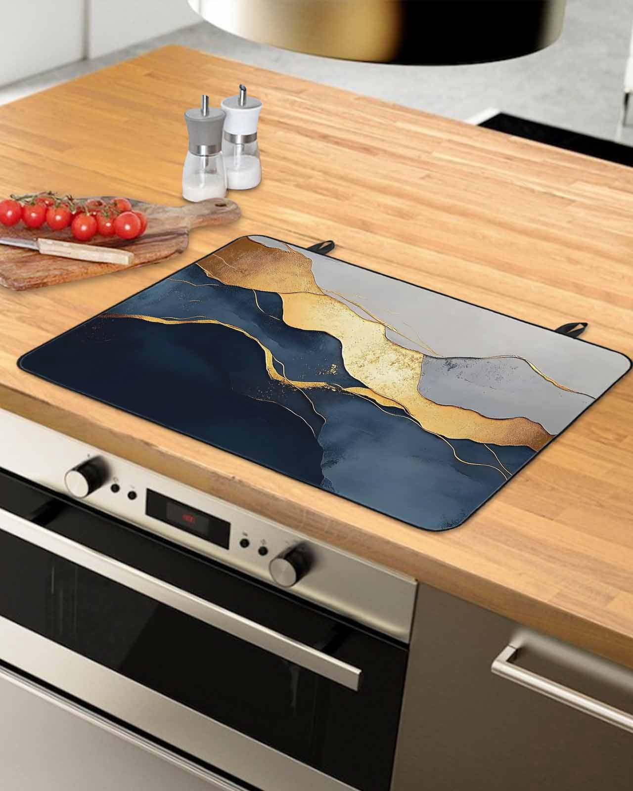 nqOlkjepod Large Induction Cooktop Protector Mat 24"x21", Navy Blue Geometric Stove Top Covers for Electric Stove, Modern Abstract Luxury Golden Stove Burner Cover Mats, Glass Top Stove Cover