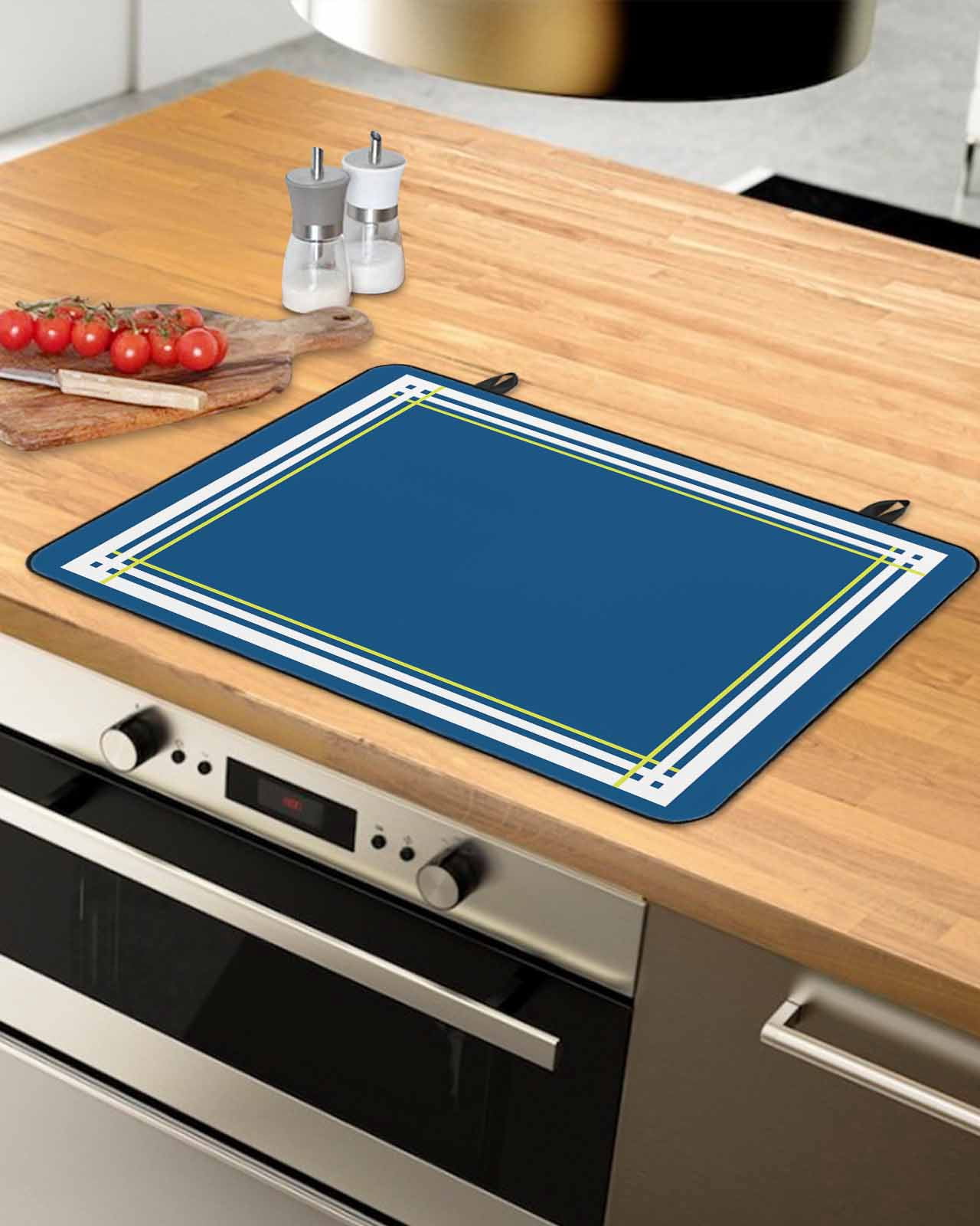 nqOlkjepod Large Induction Cooktop Protector Mat 24"x21", Navy Blue Line Stove Top Covers for Electric Stove, Farmhouse Simple Blue Striped Decorative Stove Burner Cover Mats, Glass Top Stove Cover