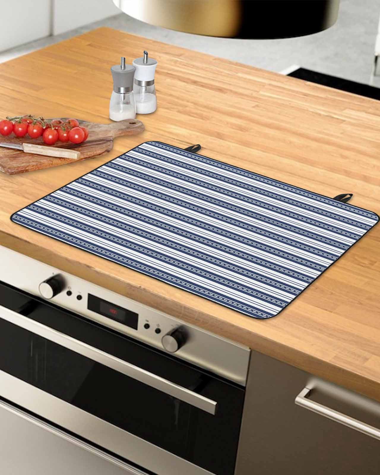 nqOlkjepod Large Induction Cooktop Protector Mat 24"x21", Navy Blue Striped Stove Top Covers for Electric Stove, Farmhouse Striped Geometric Art Stove Burner Cover Mats, Glass Top Stove Cover