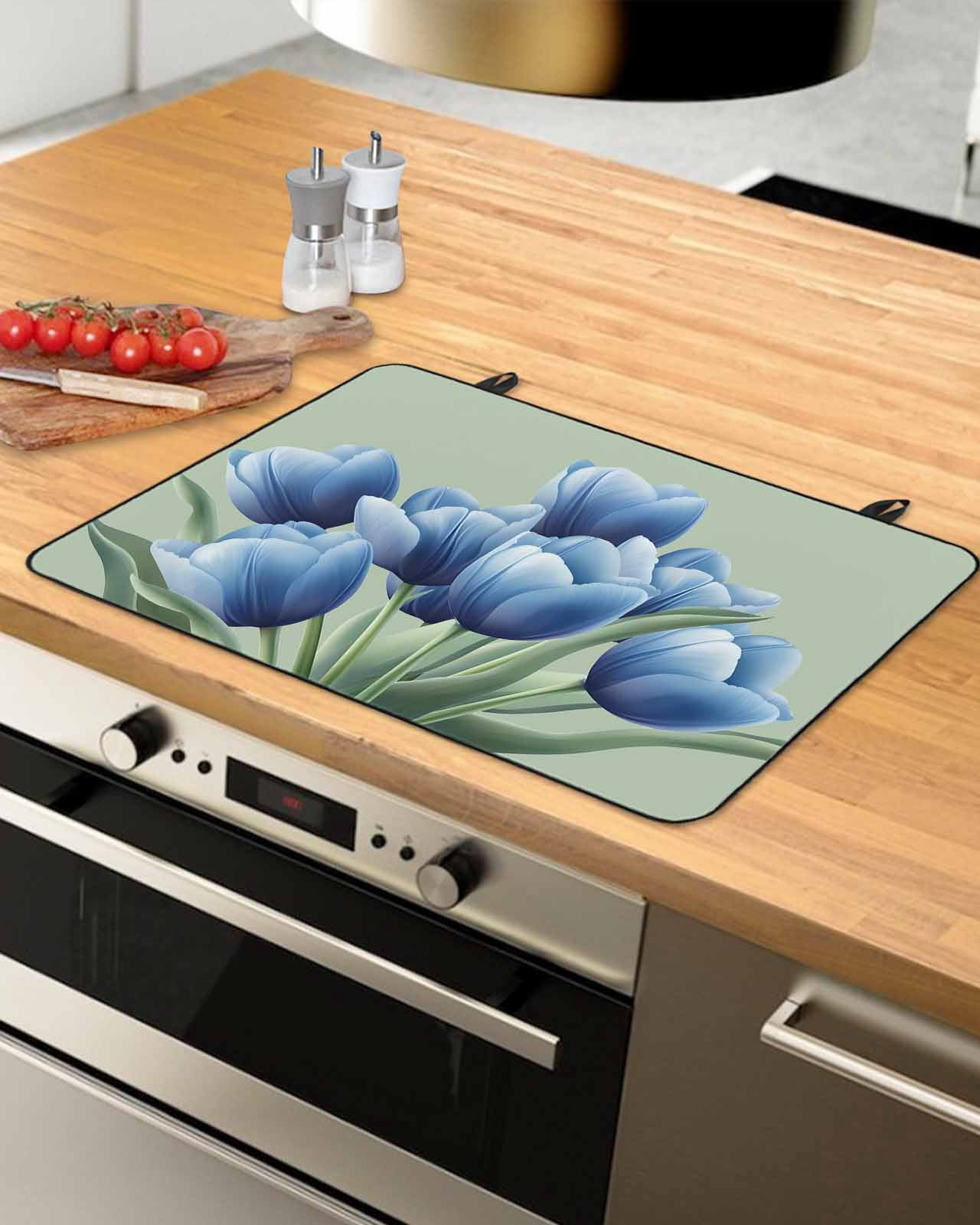 nqOlkjepod Large Induction Cooktop Protector Mat 24"x21", Navy Blue Tulip Stove Top Covers for Electric Stove, Chic Elegant Flowers Botanical Sage Green Stove Burner Cover Mats Stove Cover