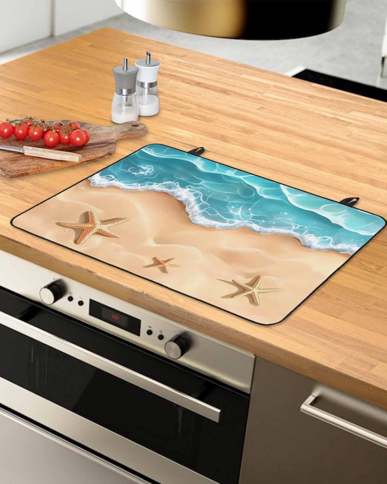 nqOlkjepod Large Induction Cooktop Protector Mat 24"x21", Ocean Beach Stove Top Covers for Electric Stove, Starfish Sea Waves Coastal Seaside Sand Stove Burner Cover Mats, Glass Top Stove Cover