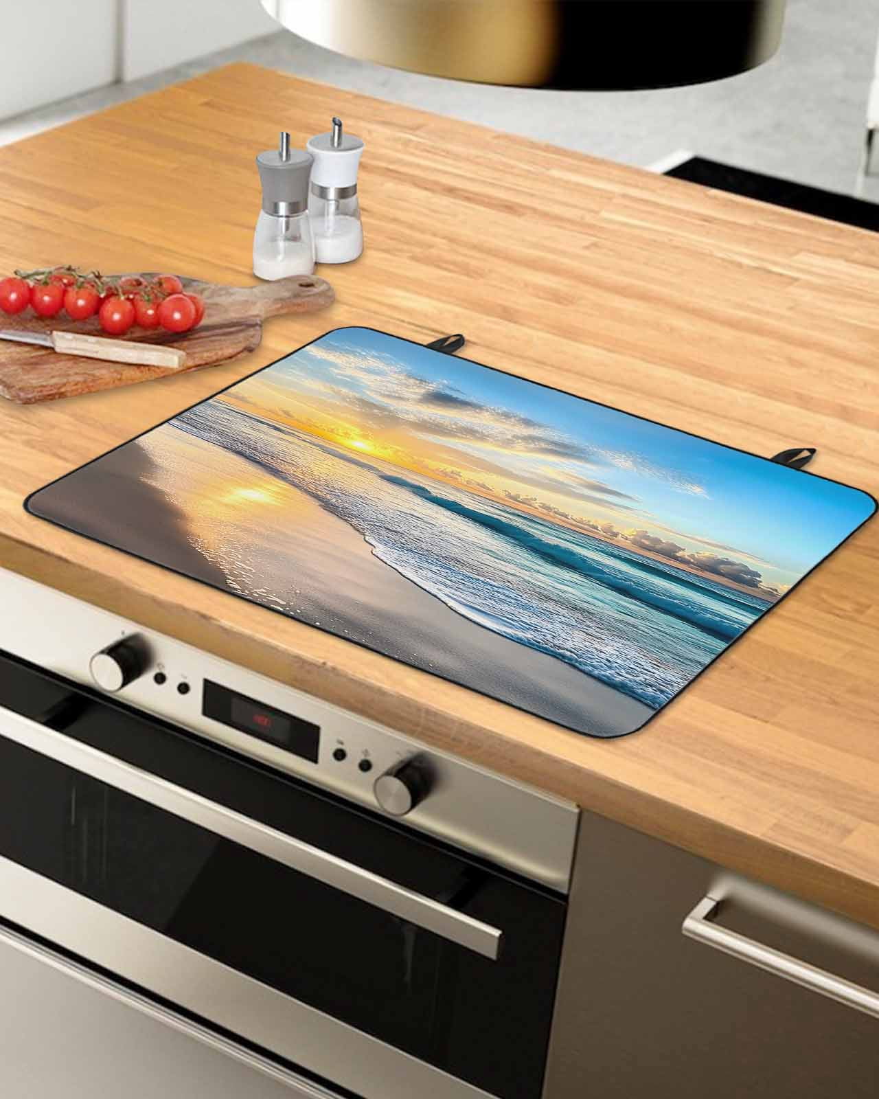 nqOlkjepod Large Induction Cooktop Protector Mat 24"x21", Ocean Coastal Stove Top Covers for Electric Stove, Beach Sun Blue Sky Nature Scenery Stove Burner Cover Mats, Glass Top Stove Cover