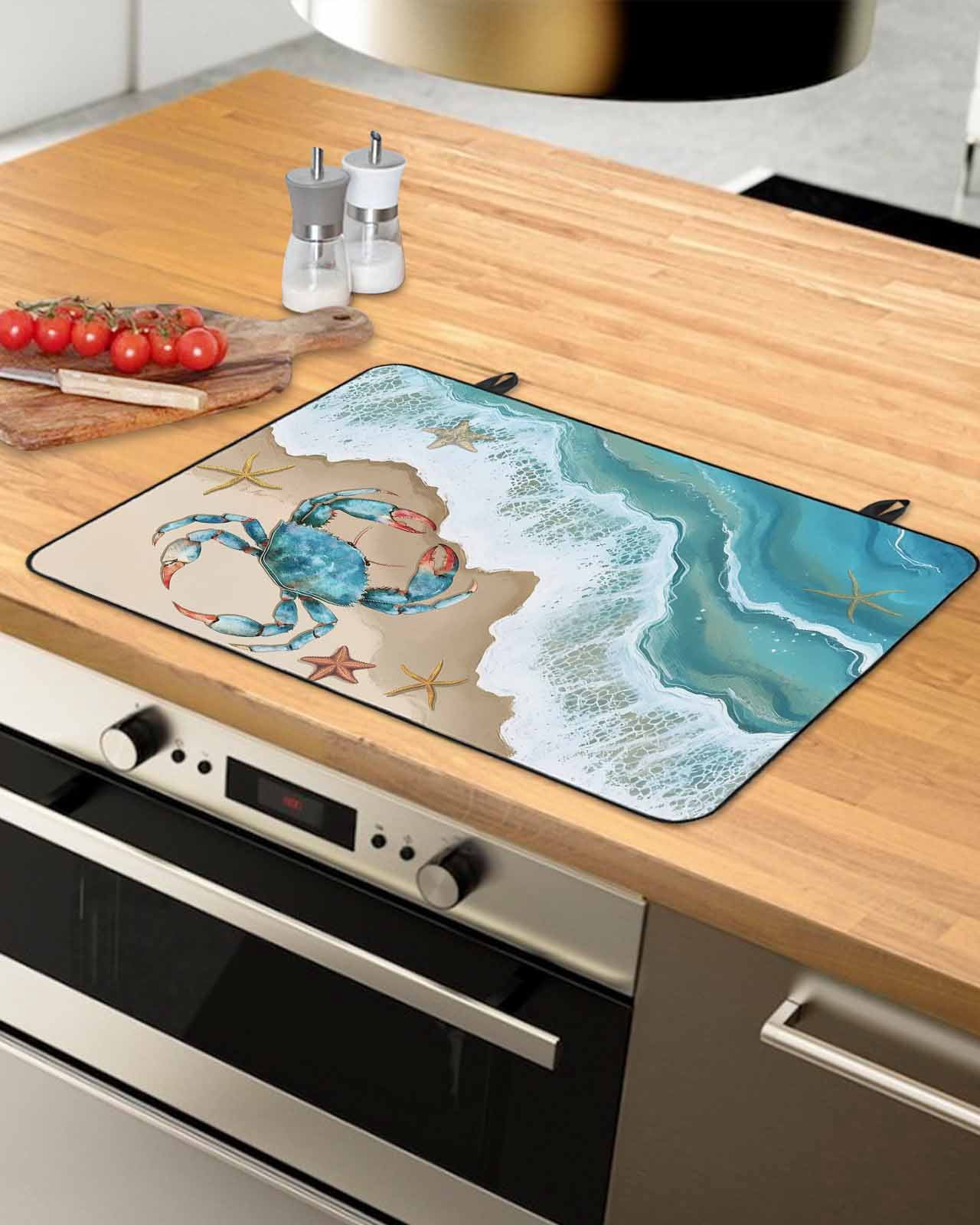 nqOlkjepod Large Induction Cooktop Protector Mat 24"x21", Ocean Crab Stove Top Covers for Electric Stove, Beach Starfish Seashore Gradient Sea Waves Stove Burner Cover Mats, Glass Top Stove Cover